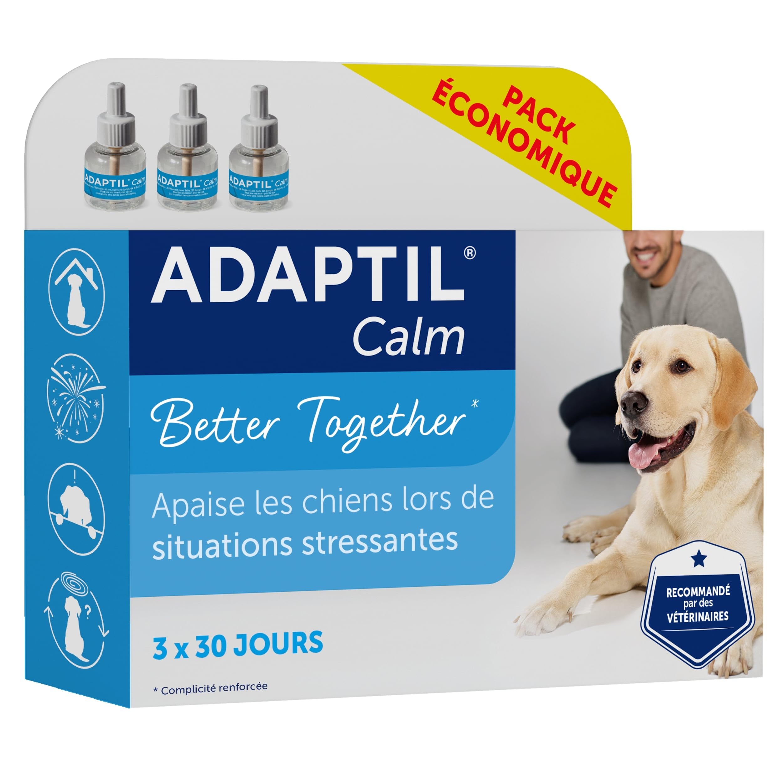 ADAPTIL Calm - Pack 3 recharges pour diffuseur Anti-Stress pour Chiens - Mode d'action Naturel - Agit Pendant 3x30 Jours - sans Somnolence - Fabriqué en France
