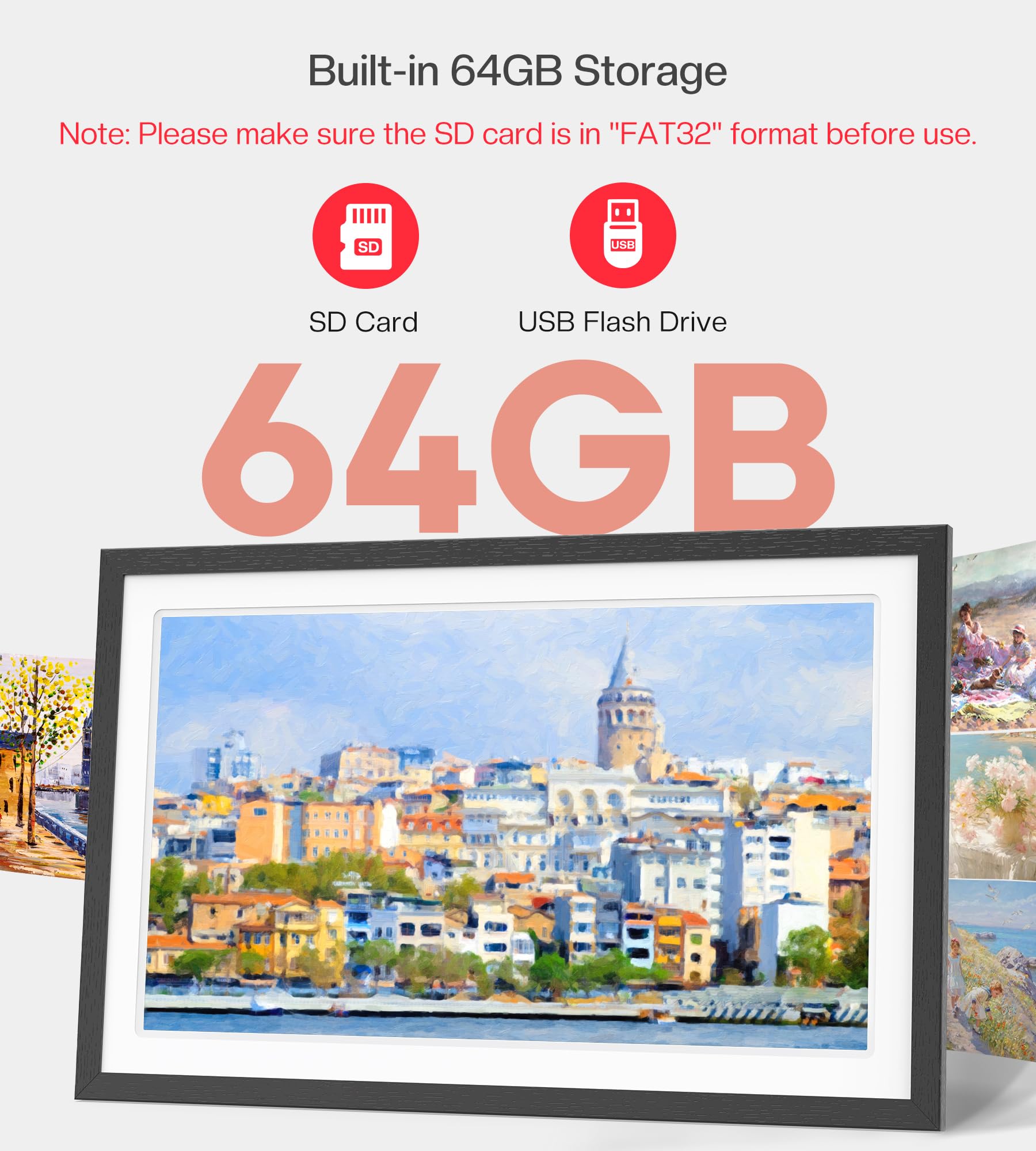 BIGASUO Digital Picture Frame, 10.1" Frameo Digital Frame WiFi with 32GB Memory, 1280x800 IPS Touch Screen, Send Photos/Videos from Your Phone Anywhere, Photo Gifts for Parents and Grandparents: 21.5" Black & White 64GB