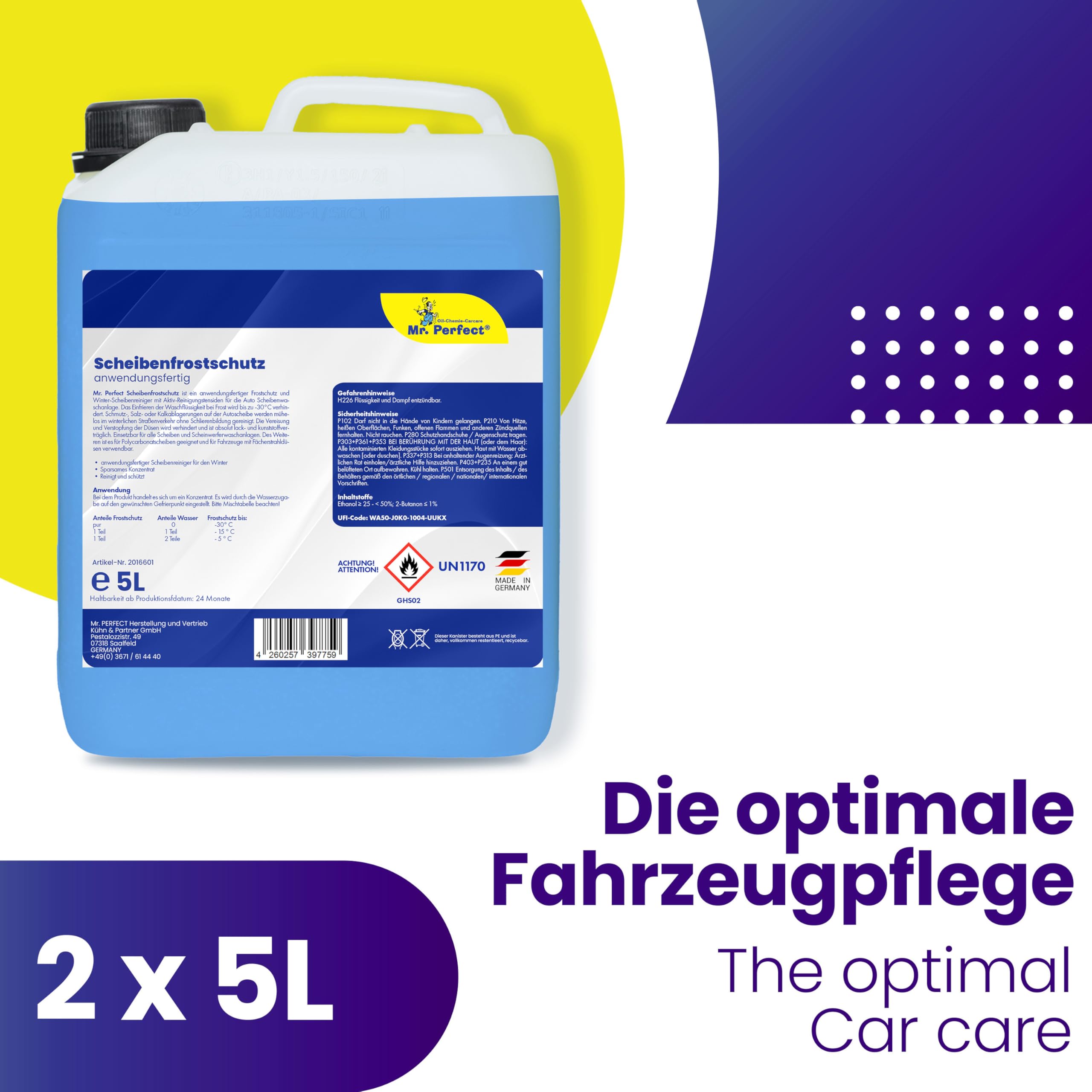 Mr. Perfect® 2x5L Scheibenfrostschutz anwendungsfertig - Frostschutzmittel für Auto Windschutzscheiben Frostschutz der Scheibenwaschanlage bis -30°C - schlierenfrei - Winter Scheibenwischwasser
