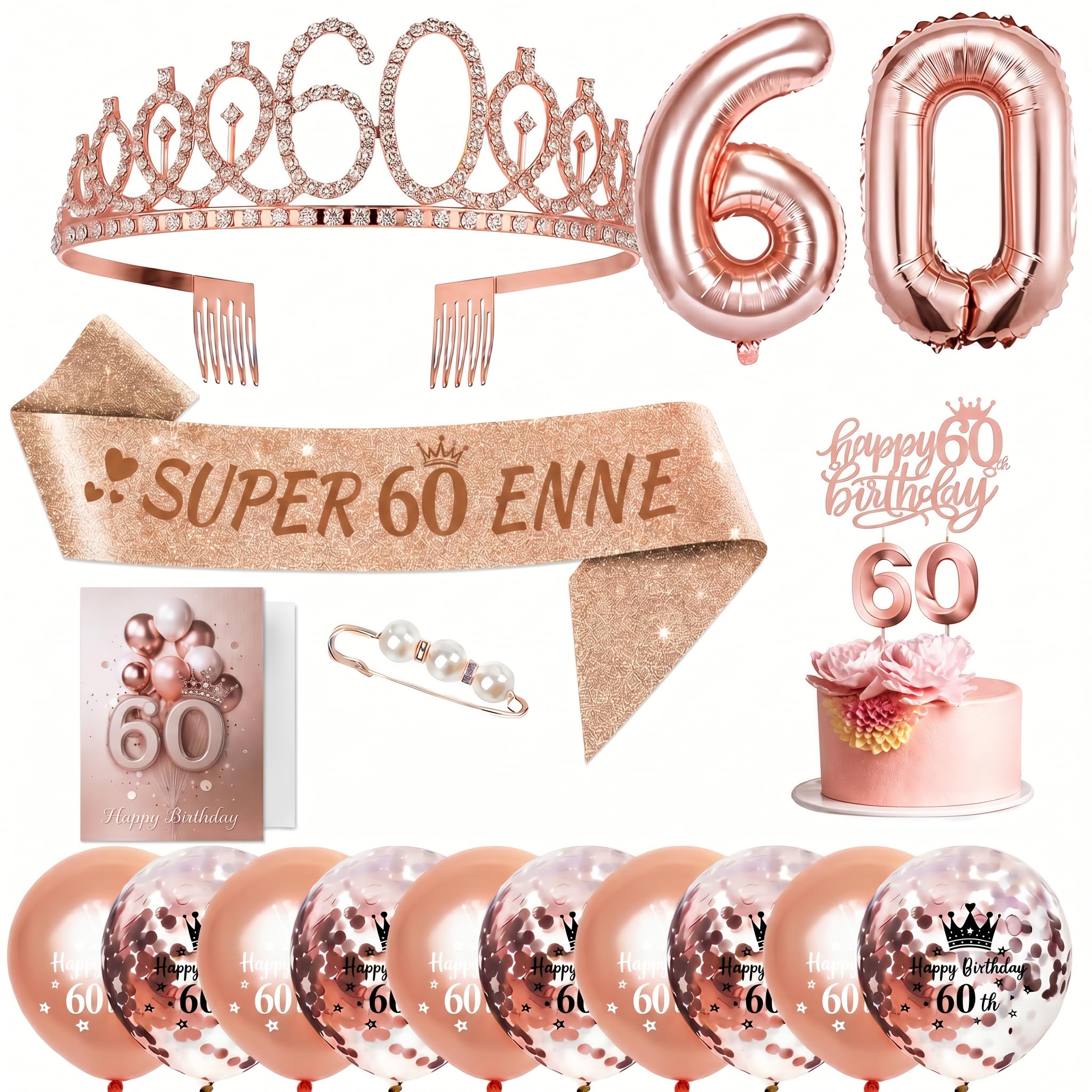 Kit Decorazioni Compleanno Donna Oro Rosa, con Fascia, Diadema, Palloncini, Cake Topper, Candeline e Biglietto di Auguri, 18 30 40 50 60 70 80 Anni (60 Anni)