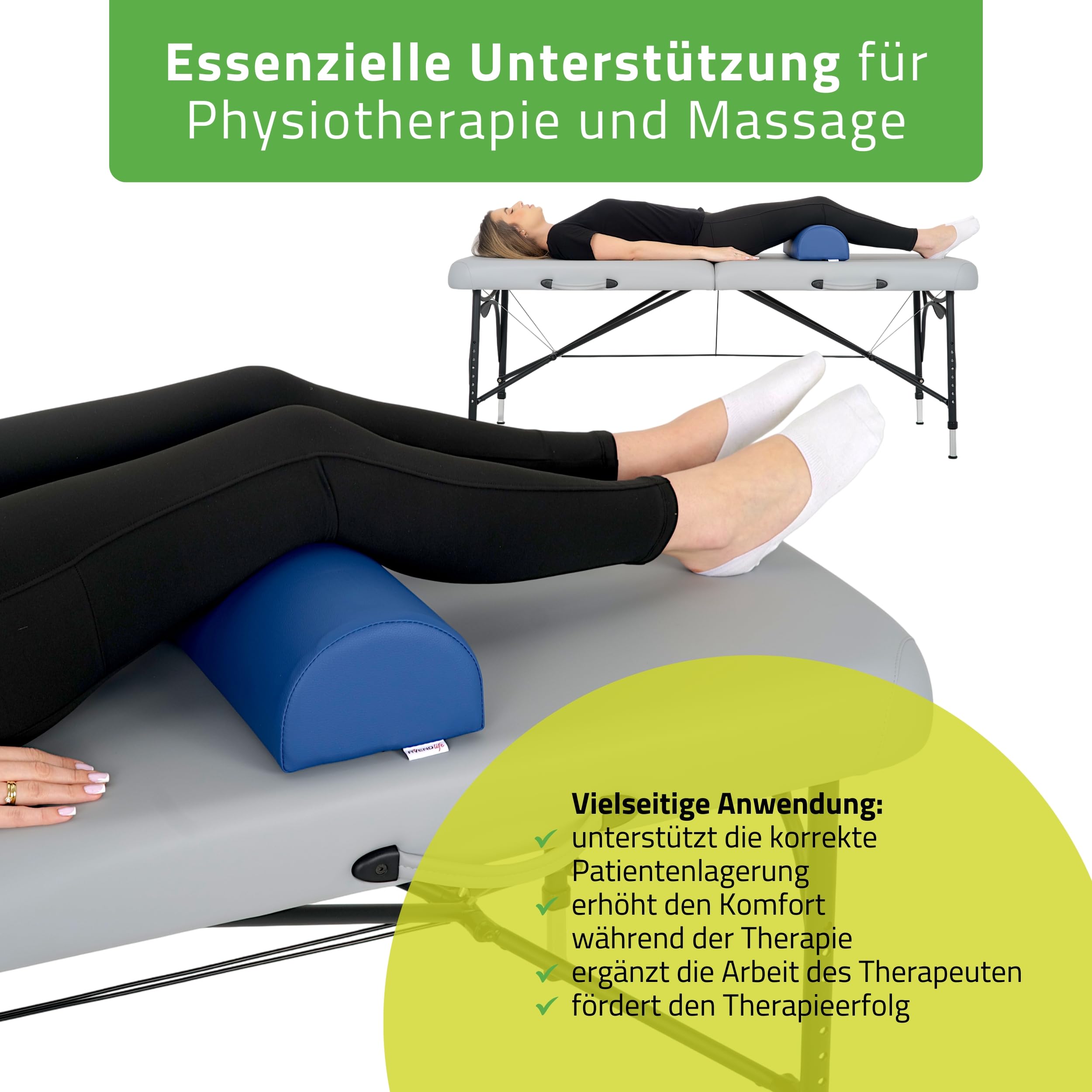 Knierolle Lagerungsrolle 60cm x18 x12cm für Therapie und Massage (Blau) | Lagerungskissen MDR-Zertifizierung, Halbrolle Physiotherapie für Massageliege, Comfy-Base-Polsterung