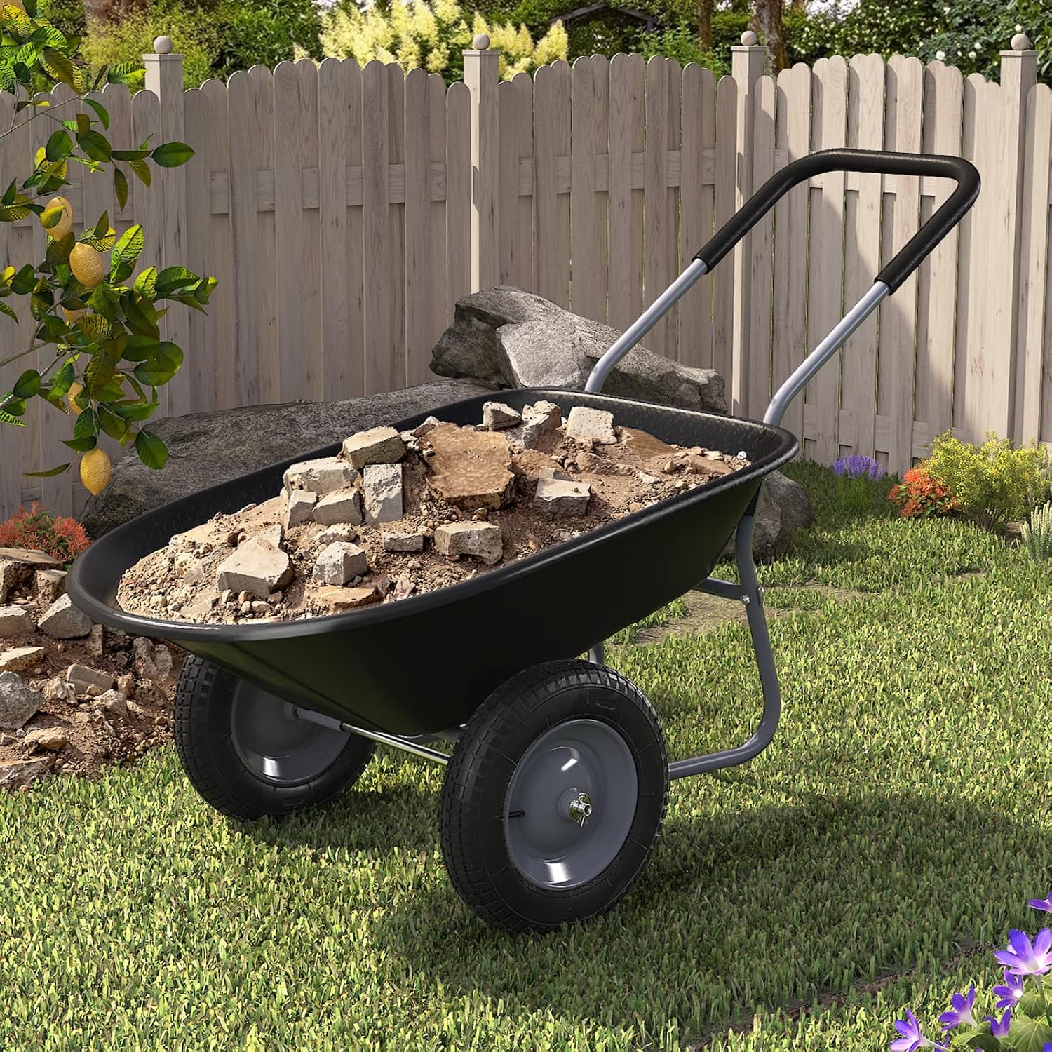 GYMAX Carretilla de Jardín de 100 litros de Volumen con 2 Neumáticos de Aire, Carretilla de Transporte con Asa, Carretilla de Construcción de hasta 100 kg, Apto para Patio y Almacén (Negro)