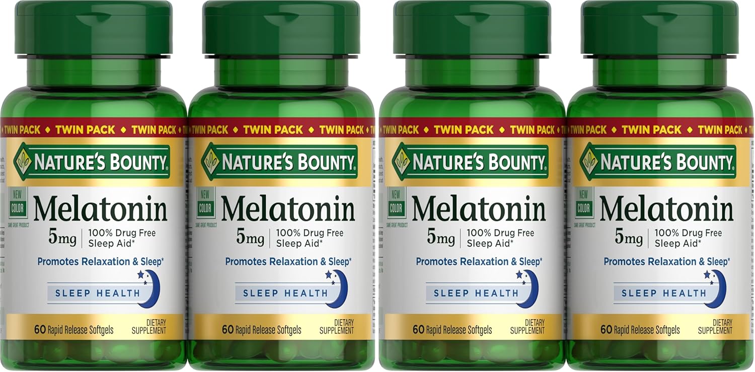 Nature's Bounty Melatonin 5mg, 100% Drug Free Sleep Aid, Dietary Supplement for Relaxation and Sleep Health - 4 Month Supply, 60 Rapid Release Softgels Twin Pack (120ct) (Pack of 2)