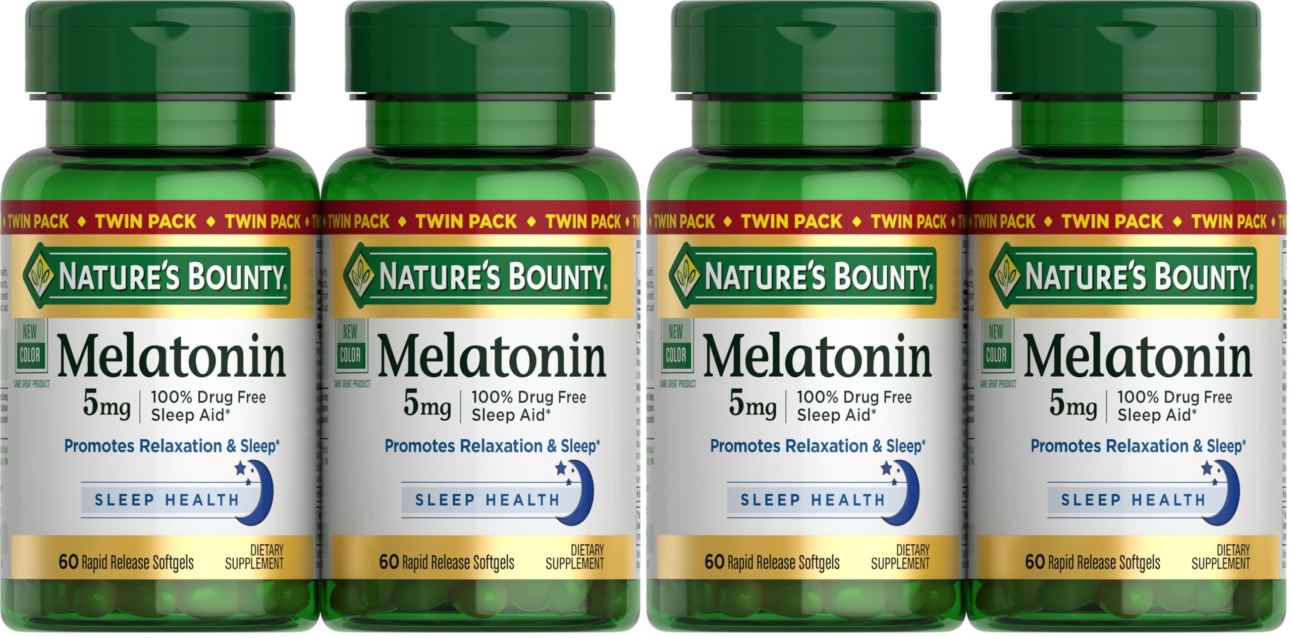 Nature's Bounty Melatonin 5mg, 100% Drug Free Sleep Aid, Dietary Supplement for Relaxation and Sleep Health - 4 Month Supply, 60 Rapid Release Softgels Twin Pac