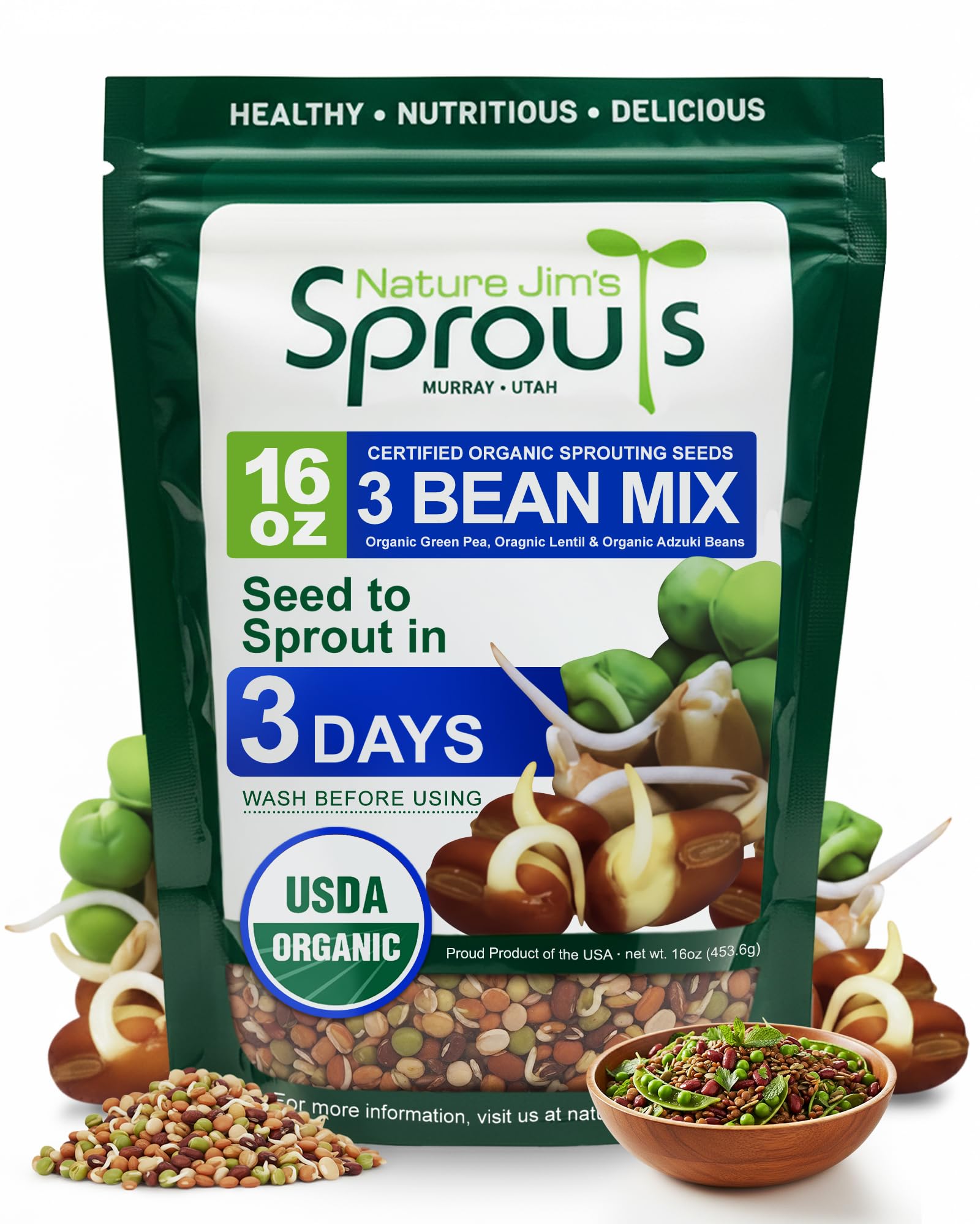 Nature Jims Sprouts 3 Bean Seed Mix - Certified Organic Green Pea, Lentil, Adzuki Bean Seeds for Planting - Non-GMO Vegetable Seeds - Resealable Bag for Freshness - Fast Sprouting Bean Seeds - 16 Oz