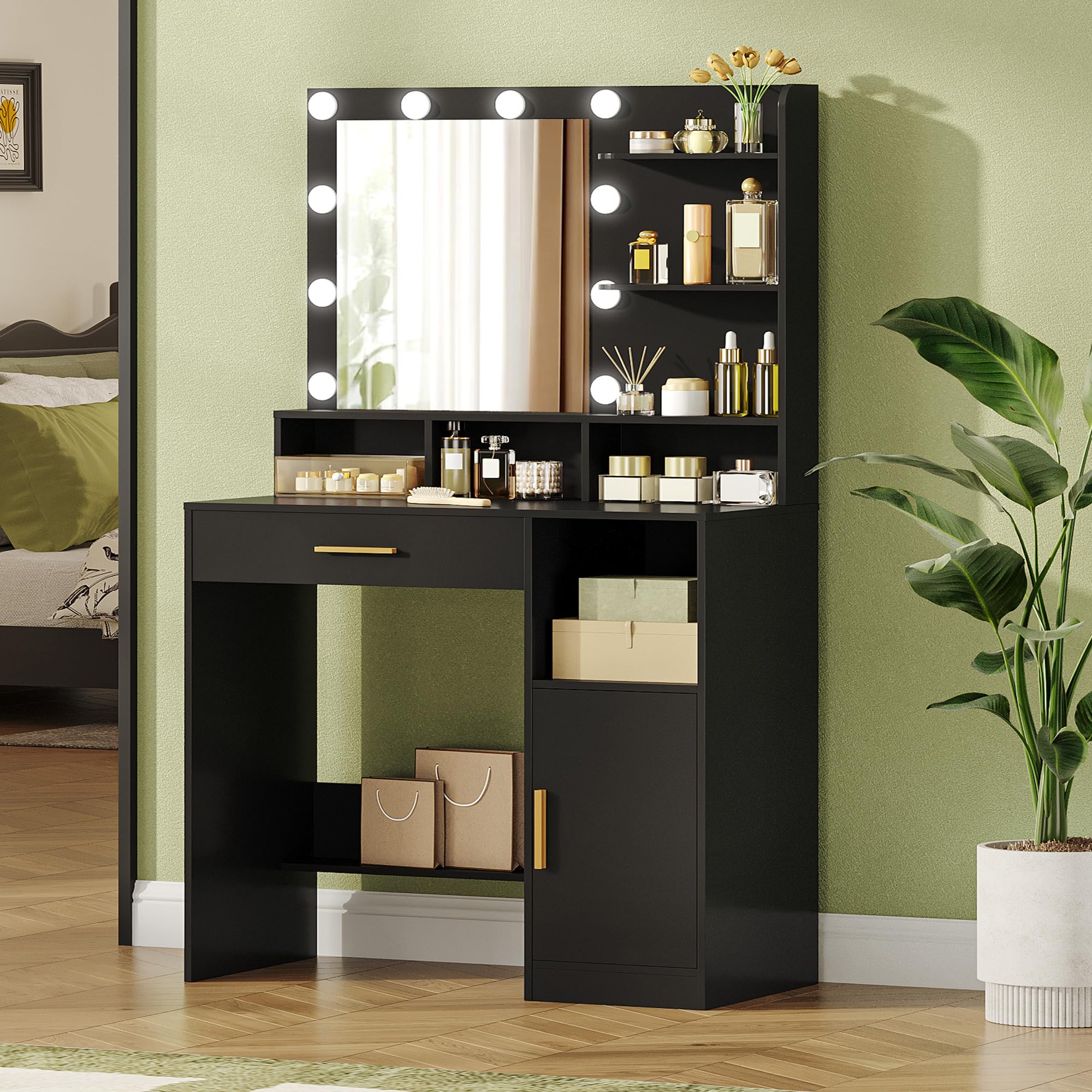 Diagram illustrating the storage components of the Hzuaneri Dressing Table, including shelves, compartments, drawer, and cabinet.