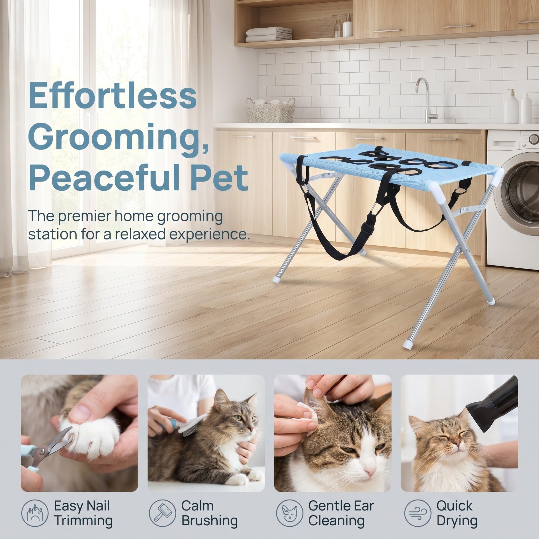 Beavorty Hundepflege Hängematte, Faltbarer Pflegeständer aus Edelstahl mit verstellbaren Gurten und atmungsaktivem Netz für kleine Hunde und Katzen im professionellen Salon