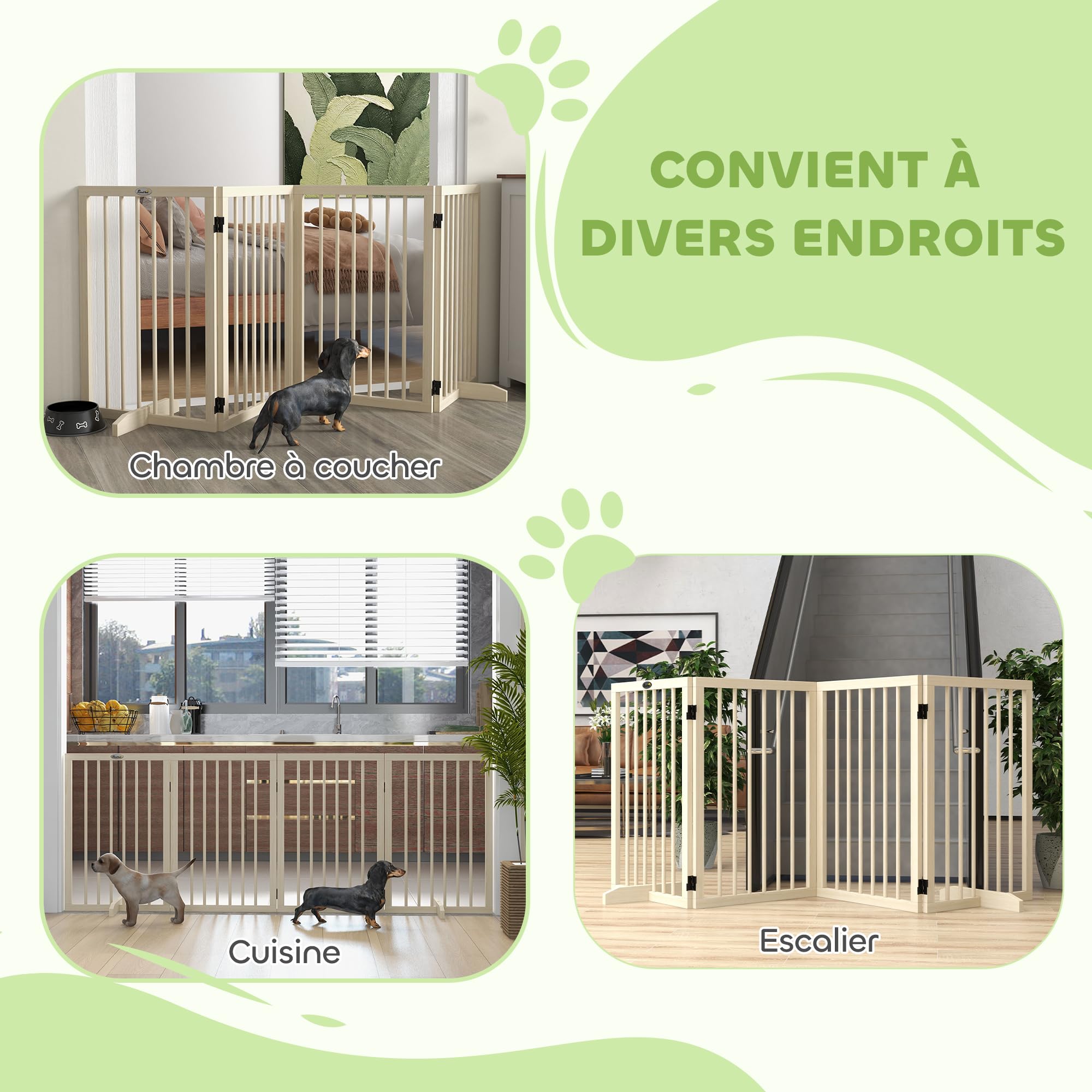 PawHut Barrière de Sécurité pour Chien, Barrière de Protection Modulable Pliable à 4 Panneaux, Clôture pour Animal Domestique en Bois avec Pieds de Support - Dim. 206 x 35,5 x 76 cm Bois Naturel