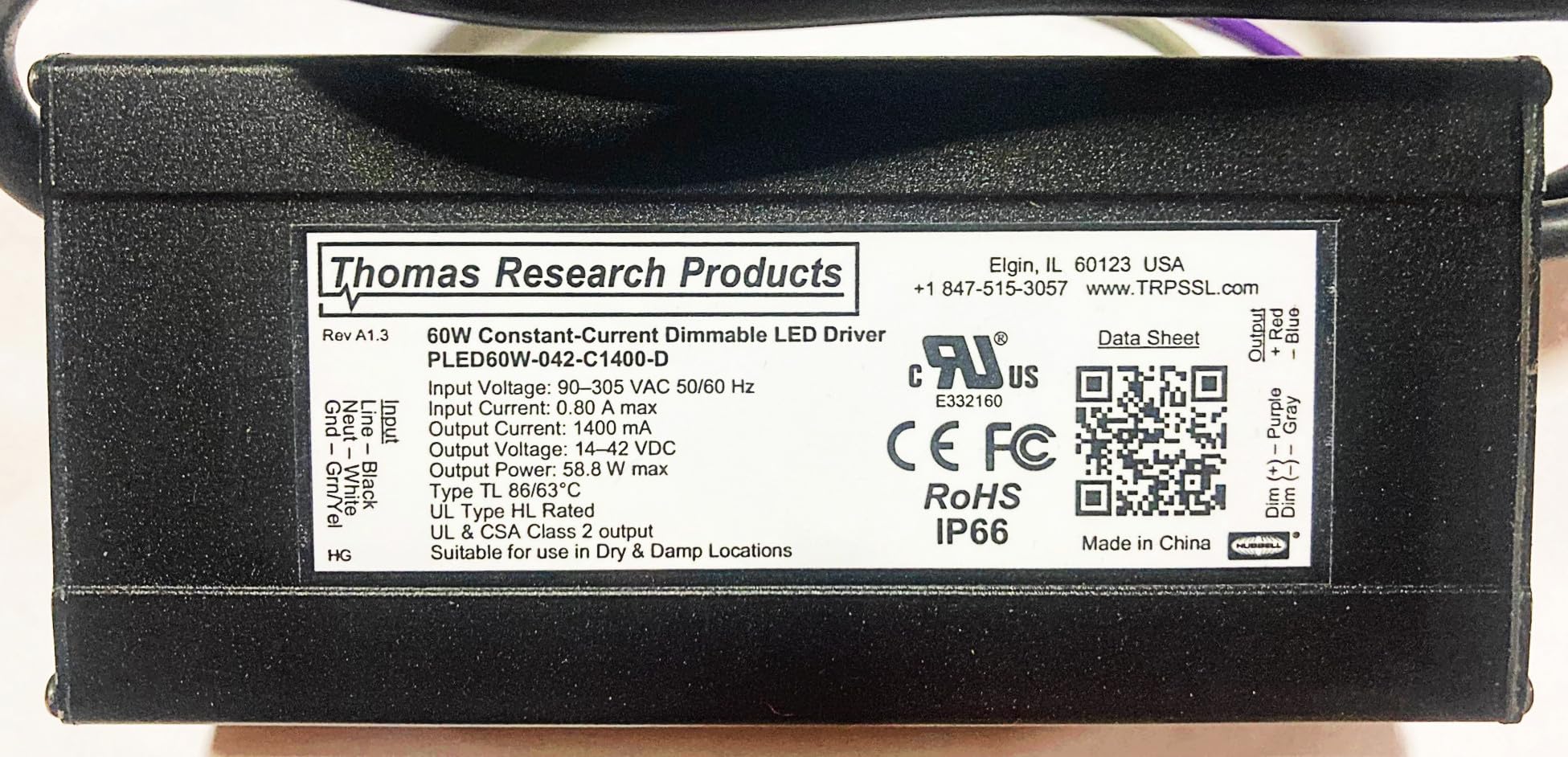 HubbellThomas Research Products LED Driver, Constant Current, Dimmable PLED60W Series, PLED60W-042-C1400-D