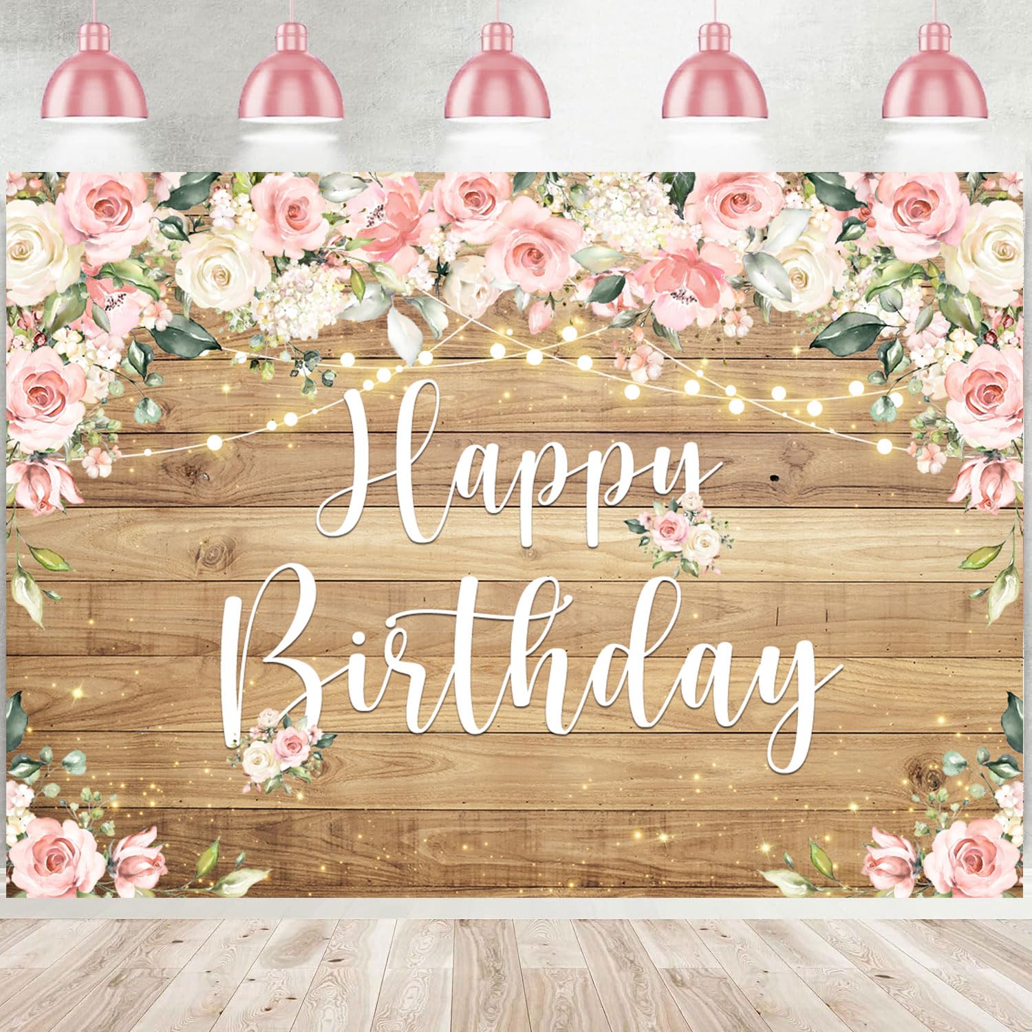 Withu Rustic Wood Floral Birthday Backdrop Spring Pink White Flowers Glitter Gold Dots Wooden Wall Decoration Banner Girls Women Birthday Party