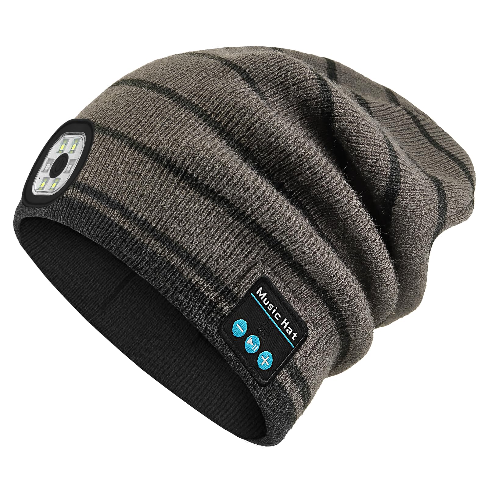 Rotibox Bluetooth Beanie with Light, Hat Wireless Headphone for Outdoor Sports Xmas Gifts Stocking Stuffers for Men, Women, Teens-Black/Drak Gray