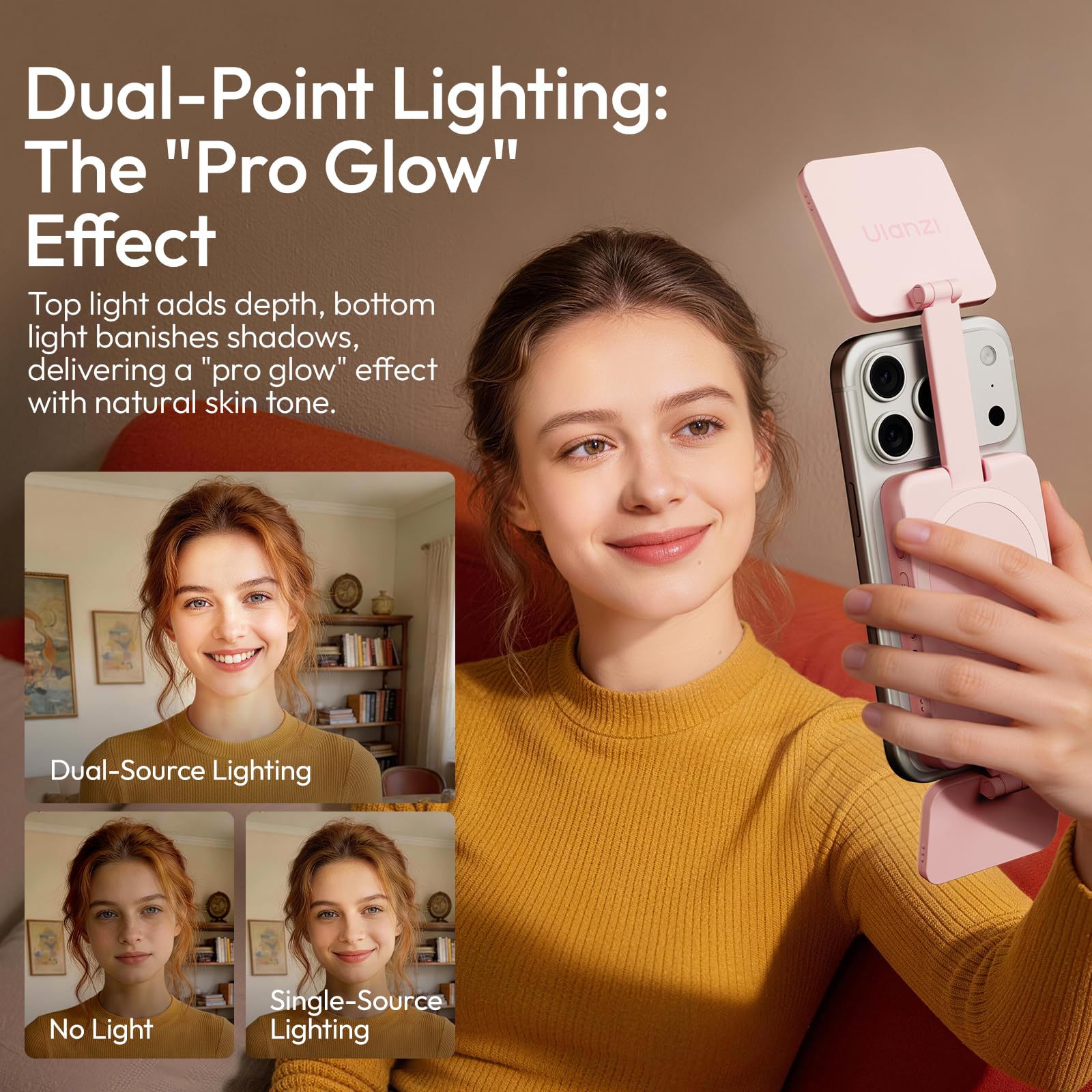 ULANZI GL01 Luz de Relleno Magnética 2026, Luz LED Magnética para Selfie para Móvil con Dos Paneles LED Cuadrados, Temperatura de Color 2500-6500 K, Compatible con iPhone 17, 16, 15 y Samsung