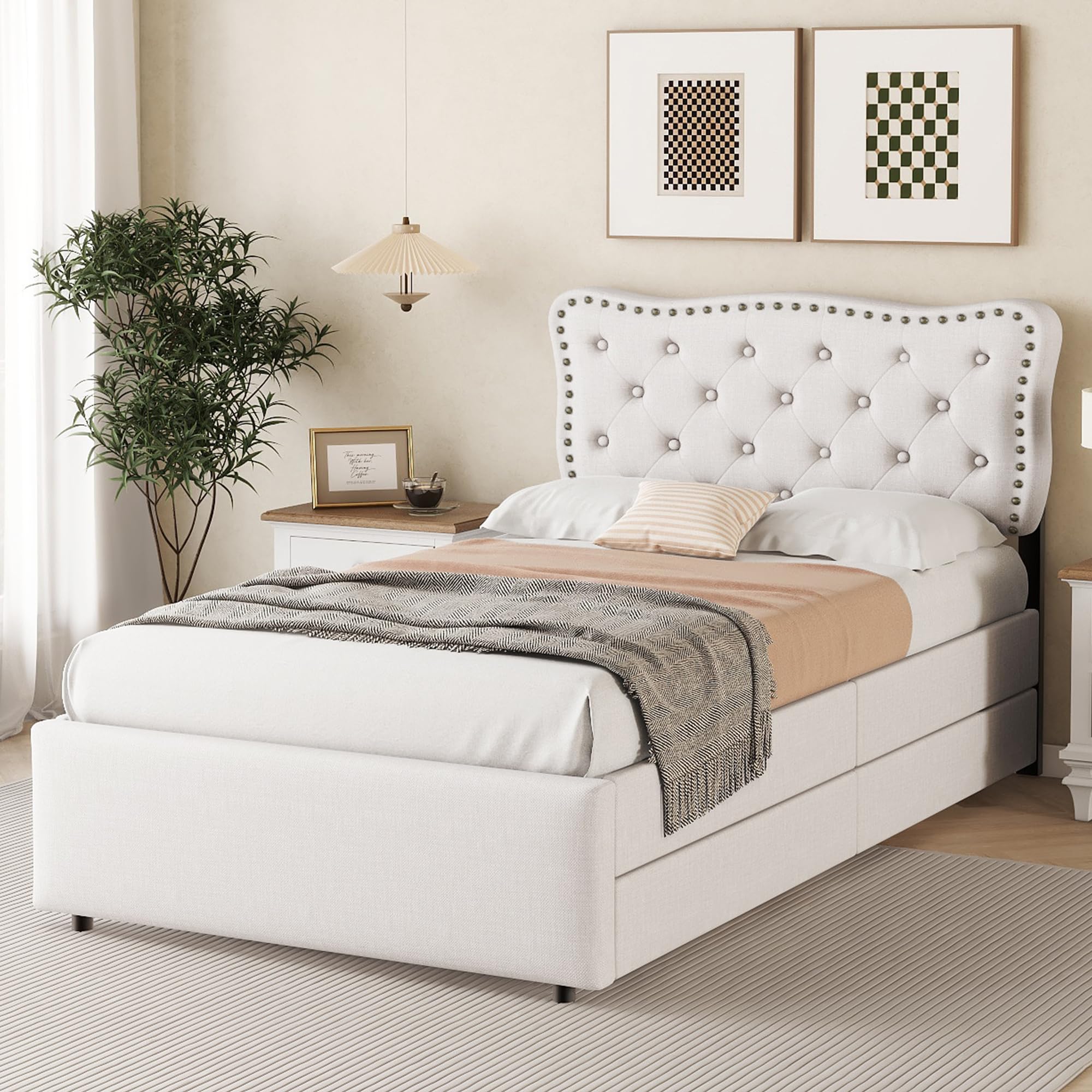 Moimhear Letto piatto 90 x 200 cm, letto imbottito, cuscino comodino con borchie decorative, cassetti doppi (beige chiaro)