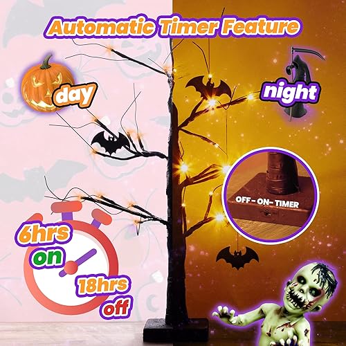 Miniatura 6 de Árbol espeluznante negro de 2 pies, funciona con pilas y USB, árbol negro de Halloween con temporizador para decoraciones de Halloween iluminadas en