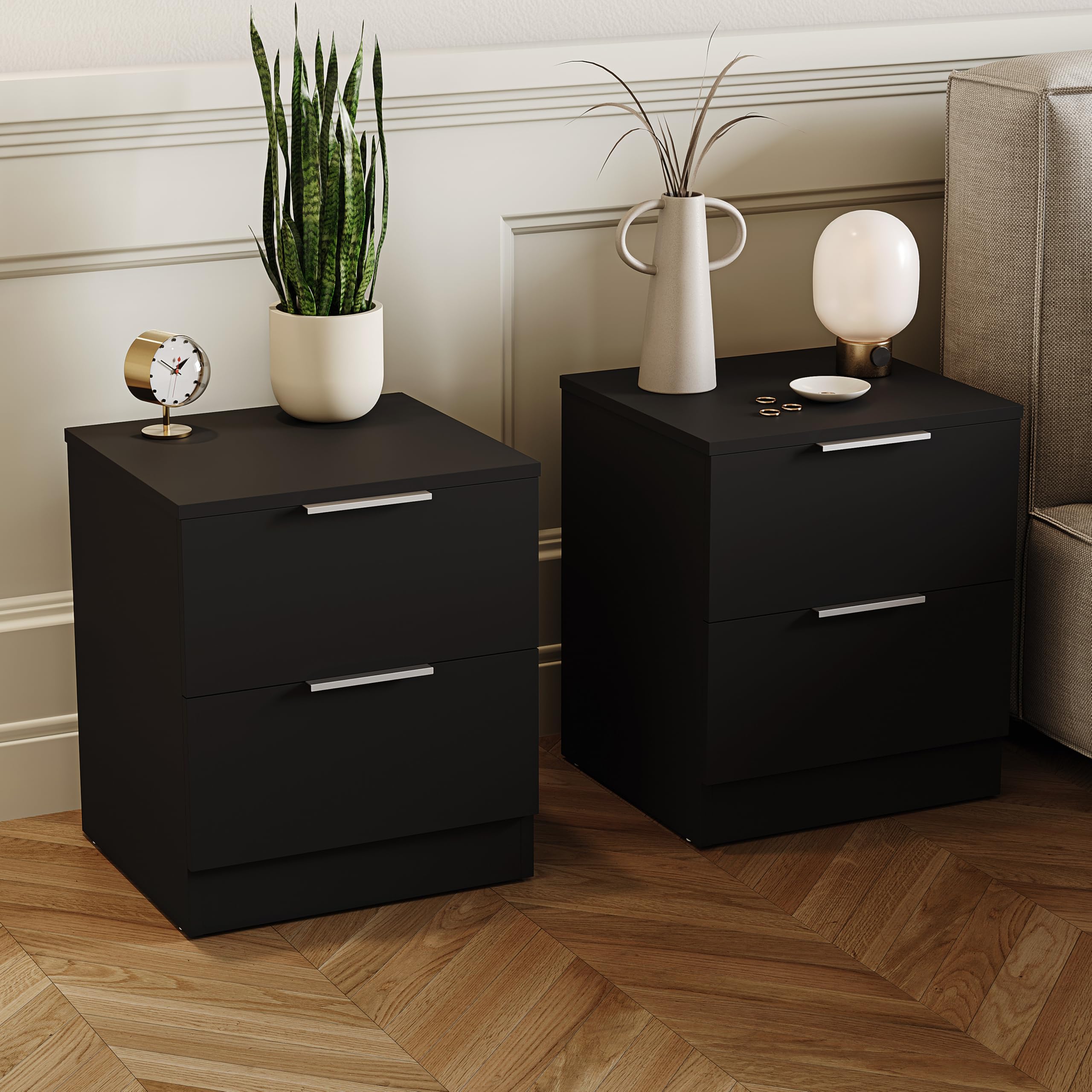 Vida Designs Trega - Set di 2 comodini a 2 cassetti, colore: nero, compatti e salvaspazio, dimensioni: 41 x 39 x 28 cm (altezza x larghezza x profondità), in legno ingegnerizzato, cassetti scorrevoli