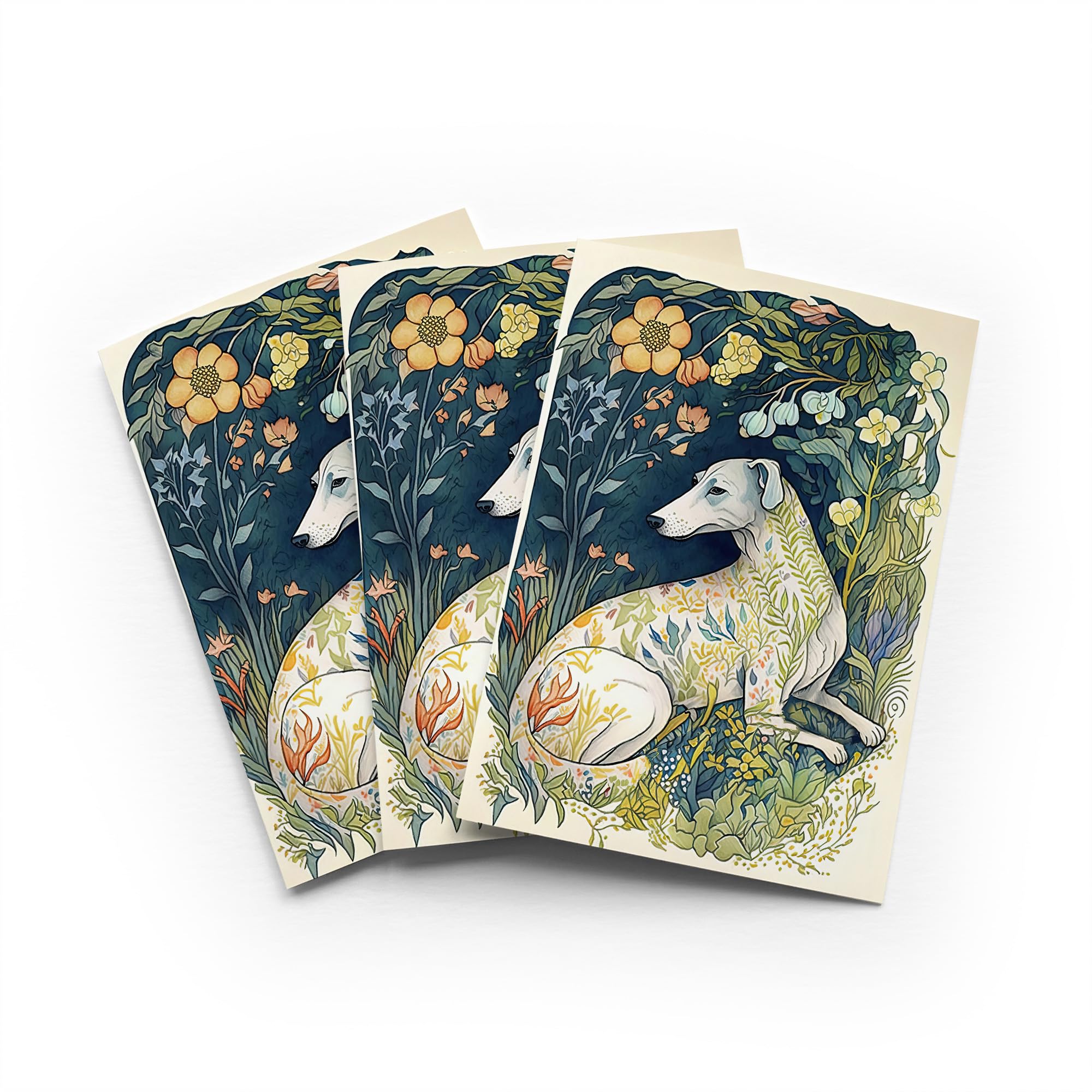 White Greyhound Floral Greeting Card Boho Watercolour Any Occasion Set of 3 Blank Inside 5x7 Inch 13x18 cm
