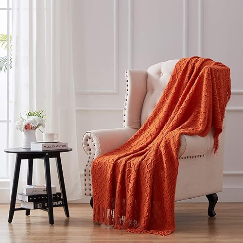 SunStyle Home Manta de color naranja quemado para sofá de 50 x 60 pulgadas, manta decorativa de verano de punto con borlas - Manta suave y ligera