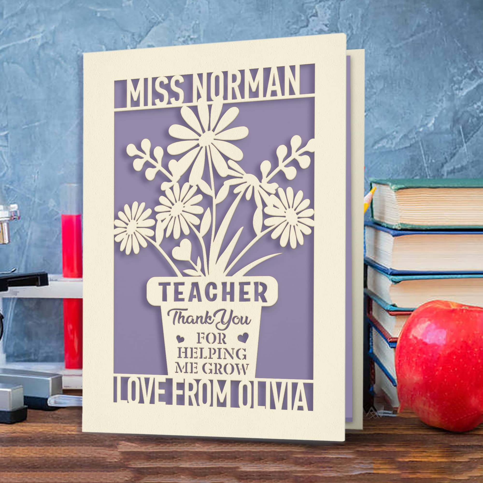 EDSG Personalised Thank You Card | Laser Paper Cut Thank You Teacher Cards with Envelopes Best Teacher Gifts Appreciation Gift for Women Men Tutor Assistant Nursery Graduation (Lilac Purple)