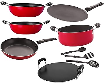 Nirlon Non-Stick Aluminium Cookware Set, Dishwasher Safe -9 Pieces [26_CT_KD12_KD13_RT_Cass20_TP24_3SPN]