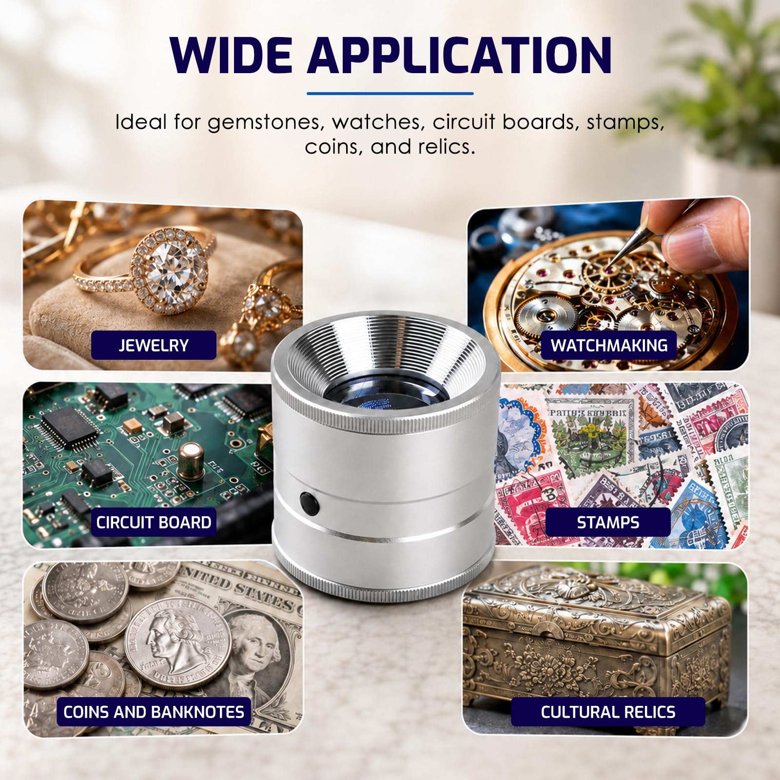 Loupe grossissante x10 avec échelle et lumière – Loupe de bijoux rechargeable avec 3 LED blanches et 3 LED violettes, mise au point réglable, lentille de 30 mm pour bijoutiers, collectionneurs de