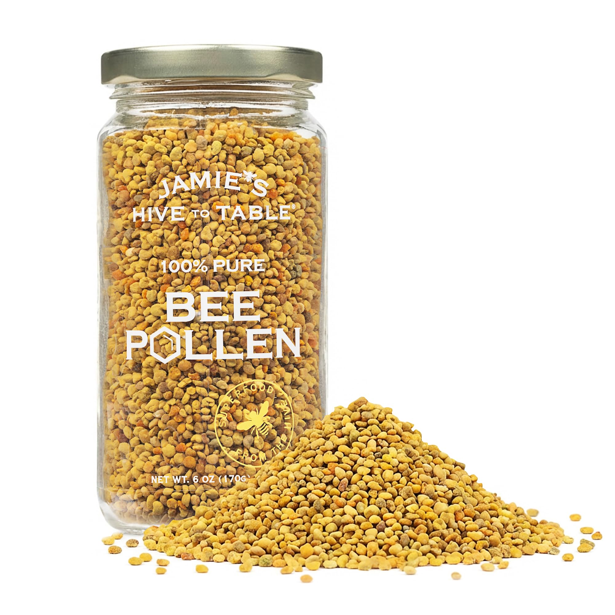 Jamie’s Hive to Table 100% Pure Bee Pollen Granules, 6 oz - Raw & Natural for Energy, Immunity, Skin Health, Antioxidants, & Vitality, Gluten Free