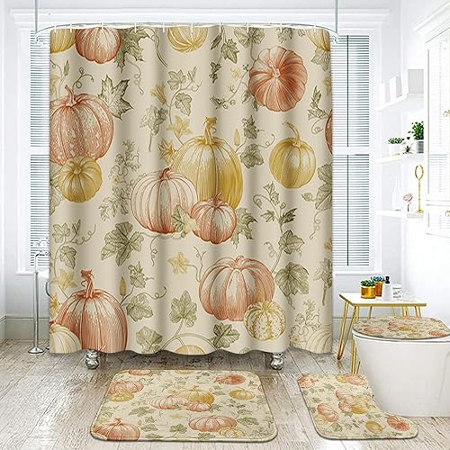 ArtSocket Juego de baño de calabaza de otoño con cortina de ducha y alfombras y accesorios, juego de cortinas de ducha amarillas vintage botánicas