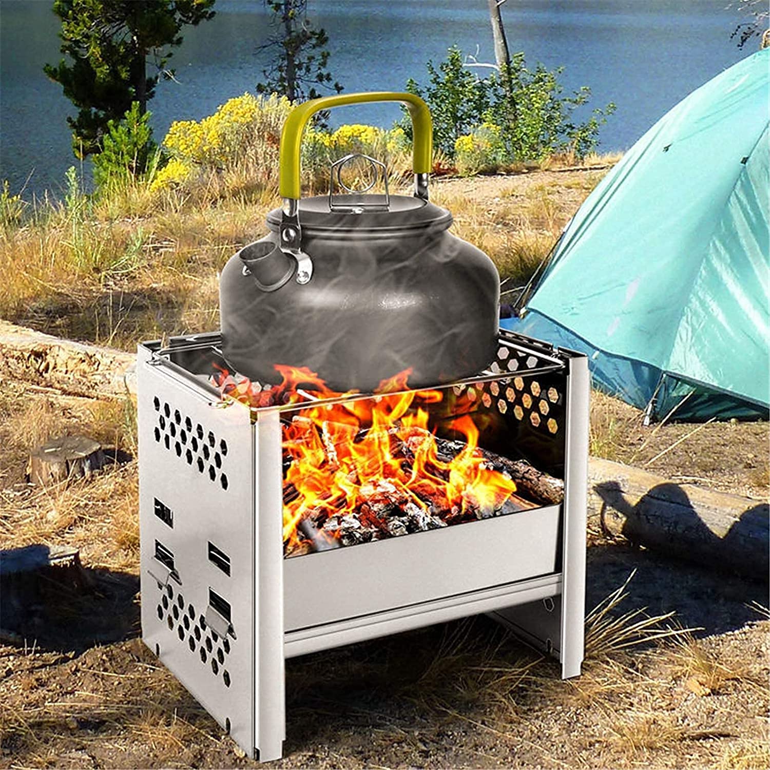 Przenośny grill ze stali nierdzewnej z wędzarką na węgiel drzewny, na kemping, piknik piesze wycieczki, impreza kuchenna, 7,8 x 6,1 x 7 cala