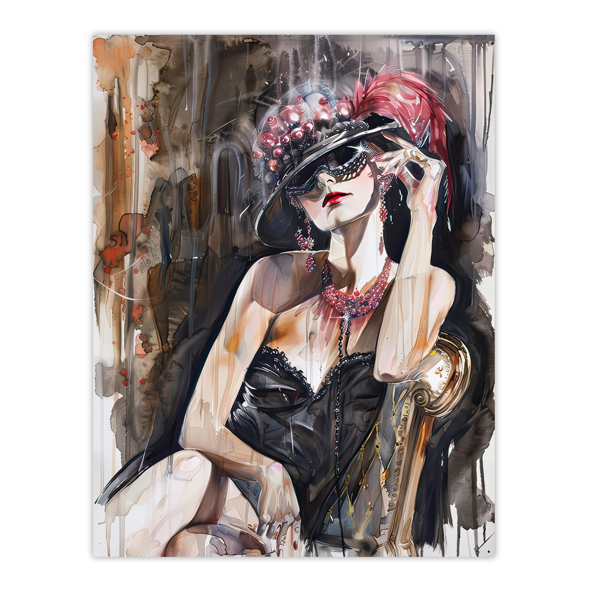 Artery8 Dark Modern Flapper Girl Venetian Mask Portrait Wall Art Print - W24 inch x H32 inch - Grey