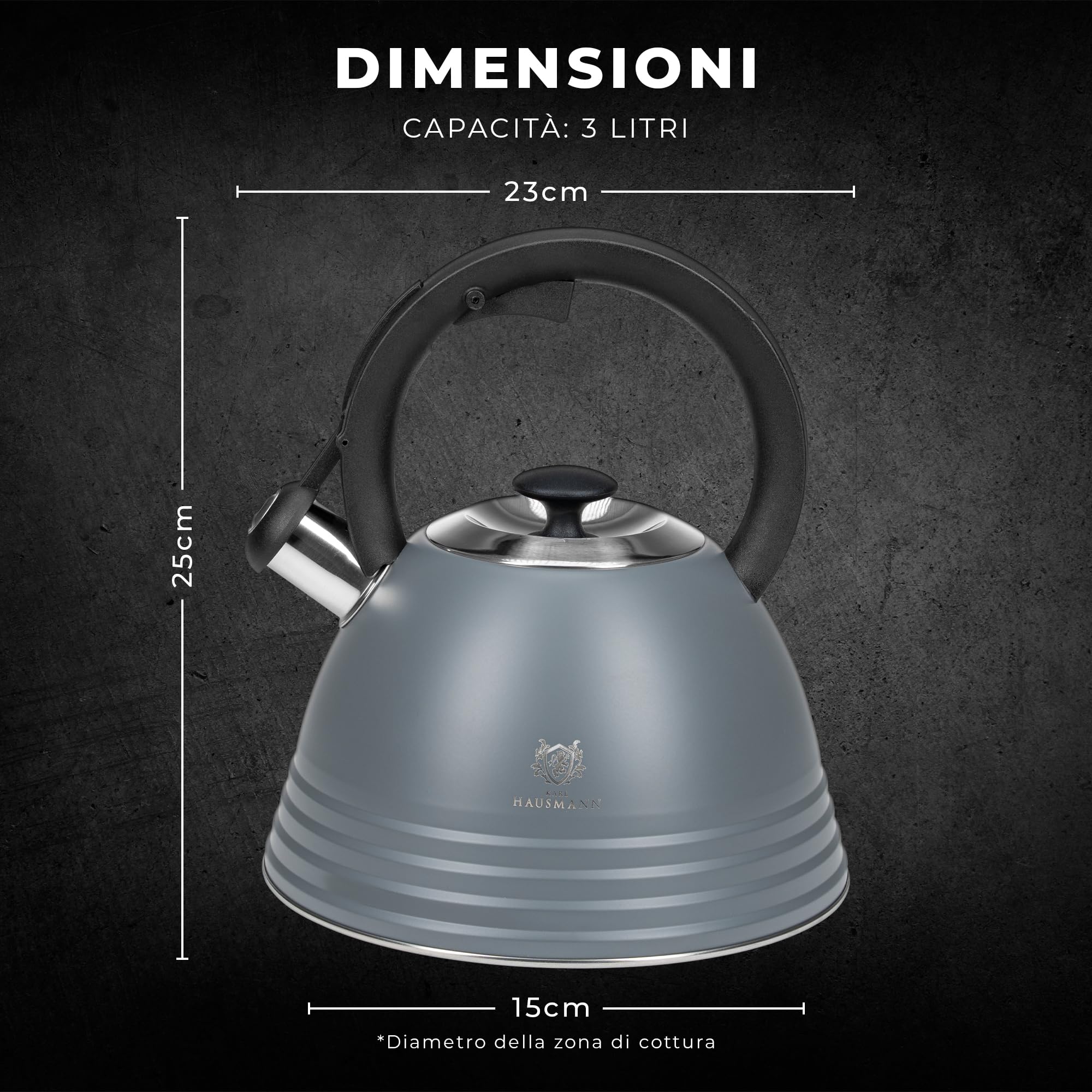 KARL HAUSMANN Bollitore Induzione 3L Acciaio Inox con Fischio - Grigio Teiera per Piano a Gas, Vetroceramica ed Elettrico - Bollitore Acqua Cucina con Coperchio