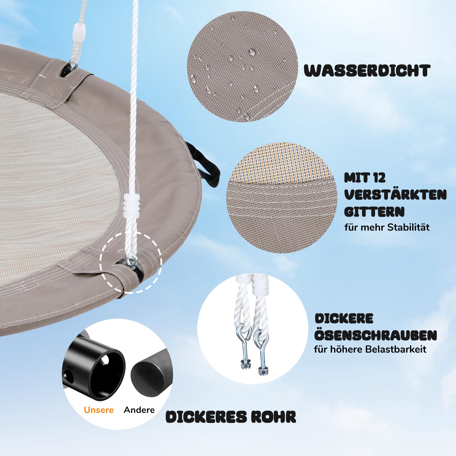 Trekassy Altalena a nido per esterni, 100 cm, per fino a 300 kg, Oxford 900D, impermeabile, per bambini, giardino, 2 cinghie, 3 m, regolabile per interni ed esterni (sabbia)