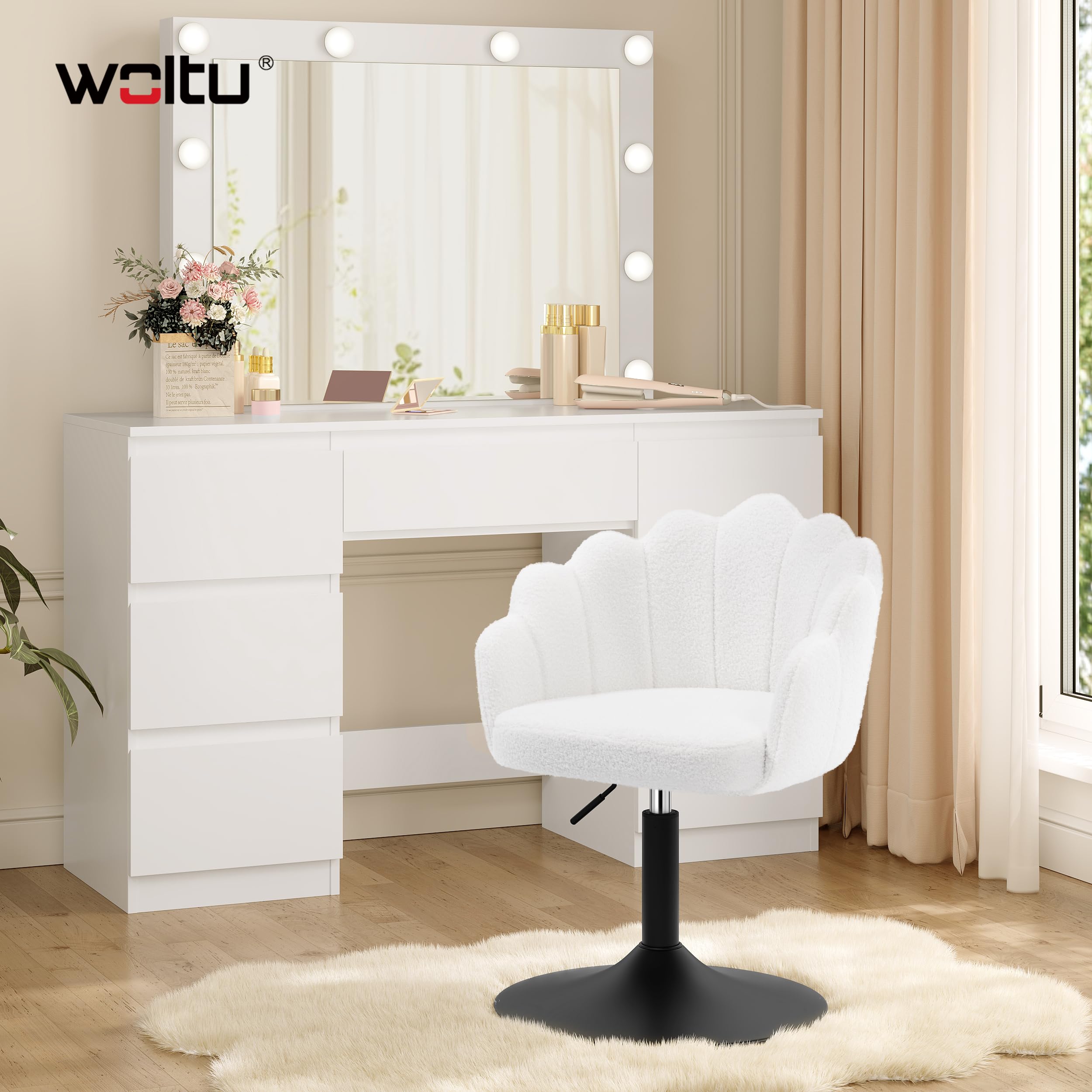 WOLTU Sedia da Trucco, Poltrona Girevole in Tessuto Bouclé, Sgabello da Trucco Regolabile in Altezza per Camera da Letto, Soggiorno, Bianco