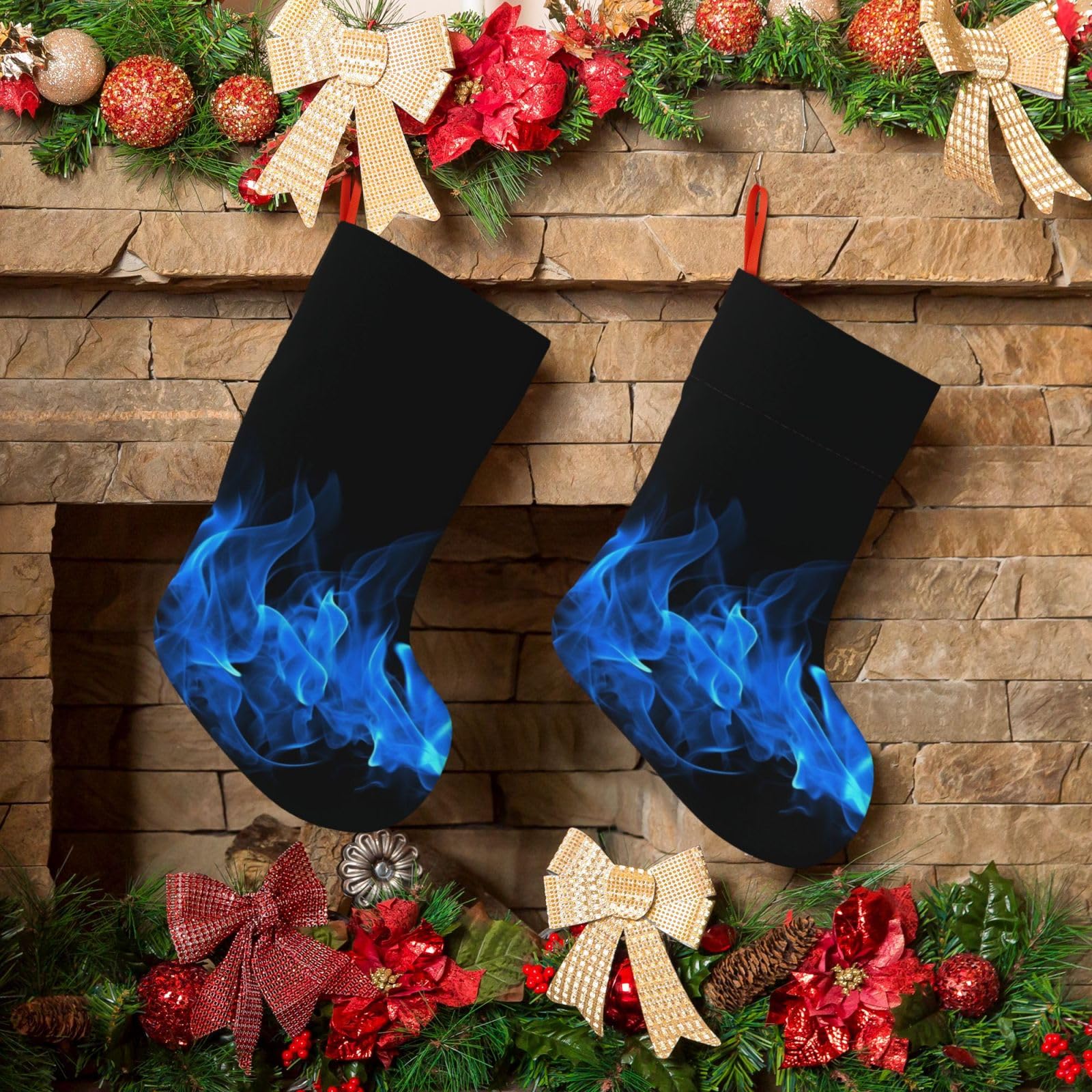 KLOPH Christmas Stockings 18" Personalized Xmas Stocking Blue Flame Decoration Stocking Hanging Fireplace Stocking for Holiday Xmas Tree Christmas Fireplace Decor