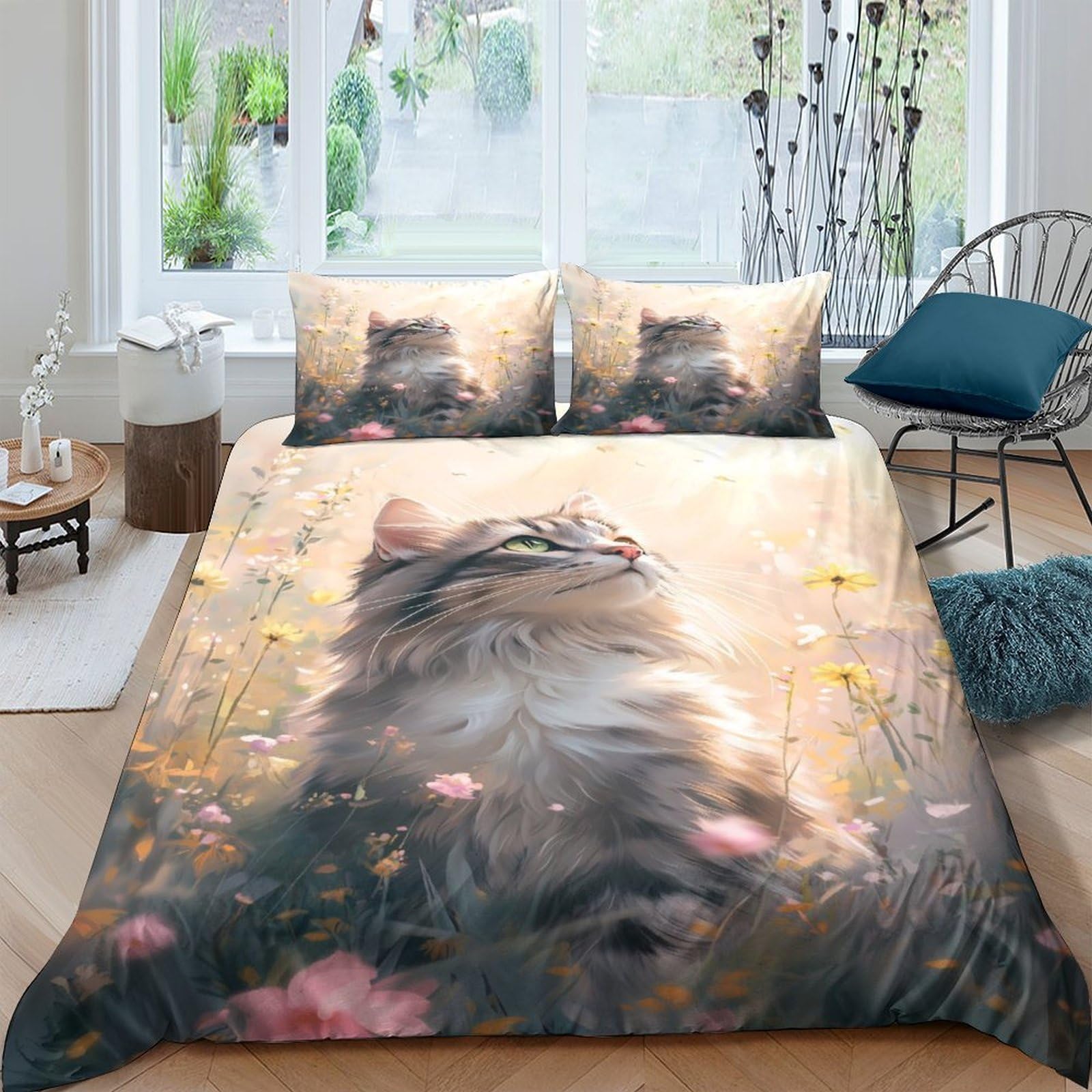 Ctjqhvkz Style-8 3D Printed Cat Meadow Fitted Sheet Microfiber Soft Breathable Flower Field Mattress Cover For Bedroom Guest Room Decor Single（135X200cm）