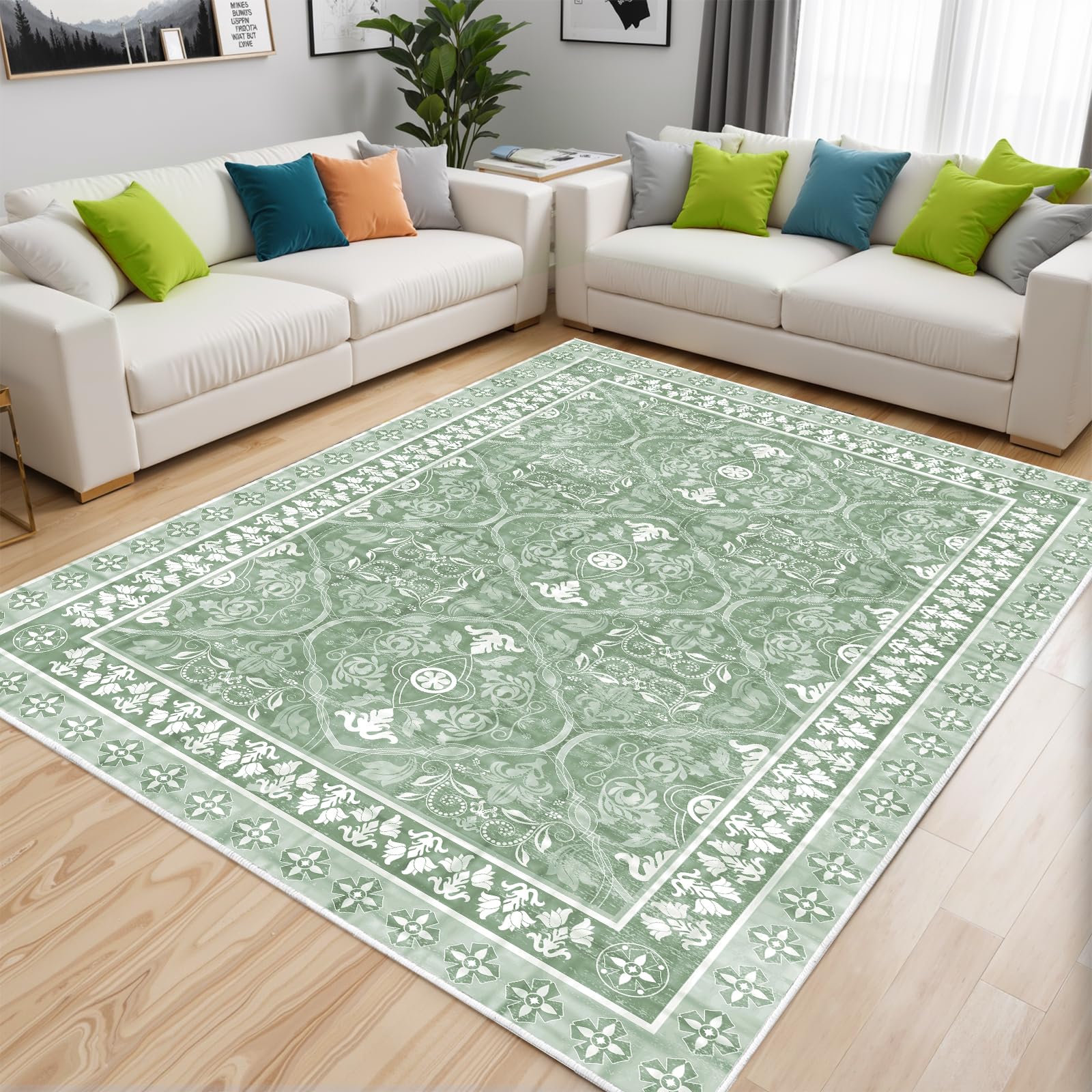 Alishomtll Living Room Area Rugs 60x110cm Anti-Slip Soft Faux Wool Vintage Rugs for Bedroom Washable Large Easy Clean Carpets Durable Floor Carpets Runner for Kids Room Hotel Home Green