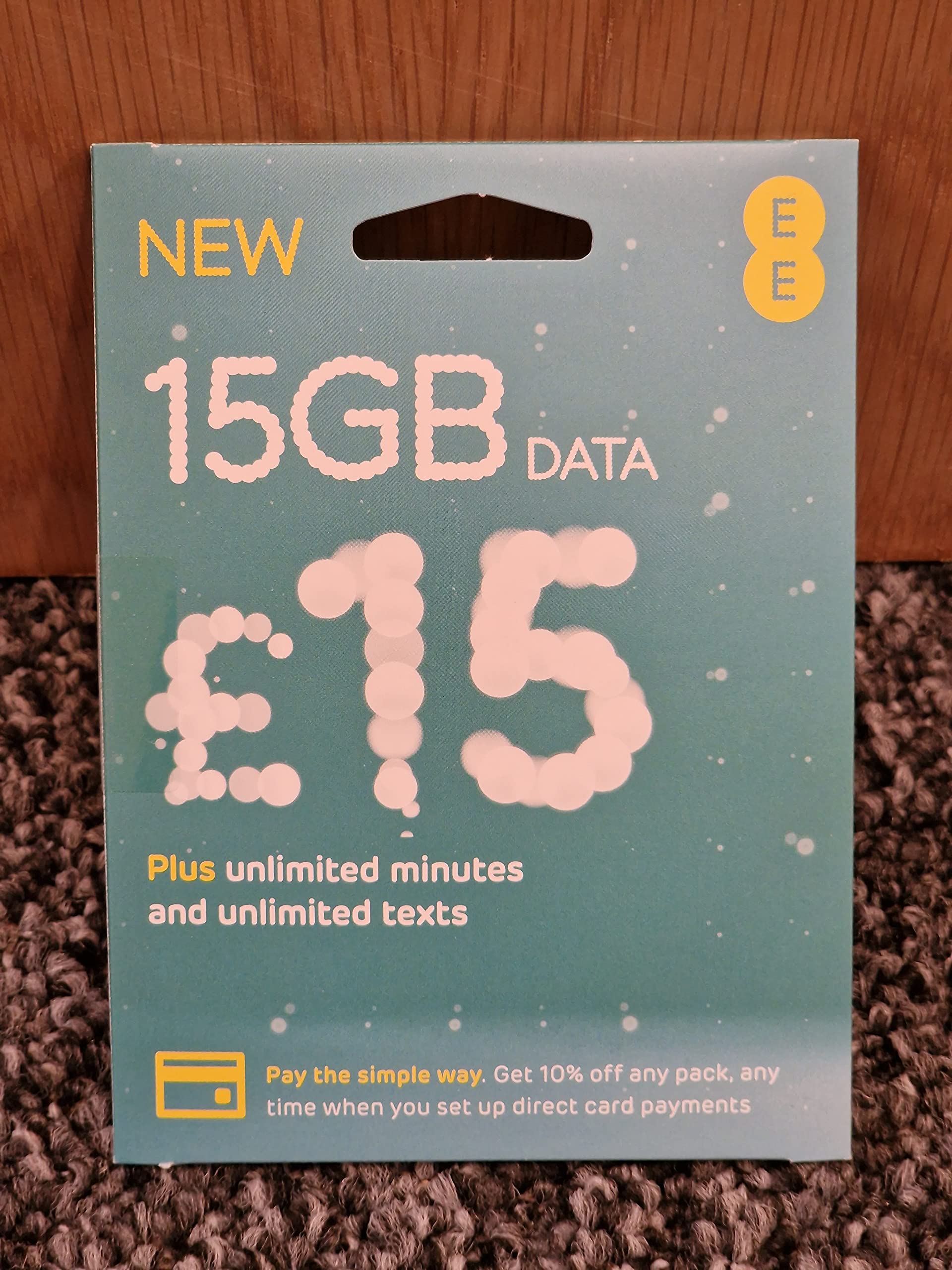 EE 15GB Data Sim, Includes £15 pre-paid credit, 15GB Data, Unlimited Minutes & Unlimited Texts