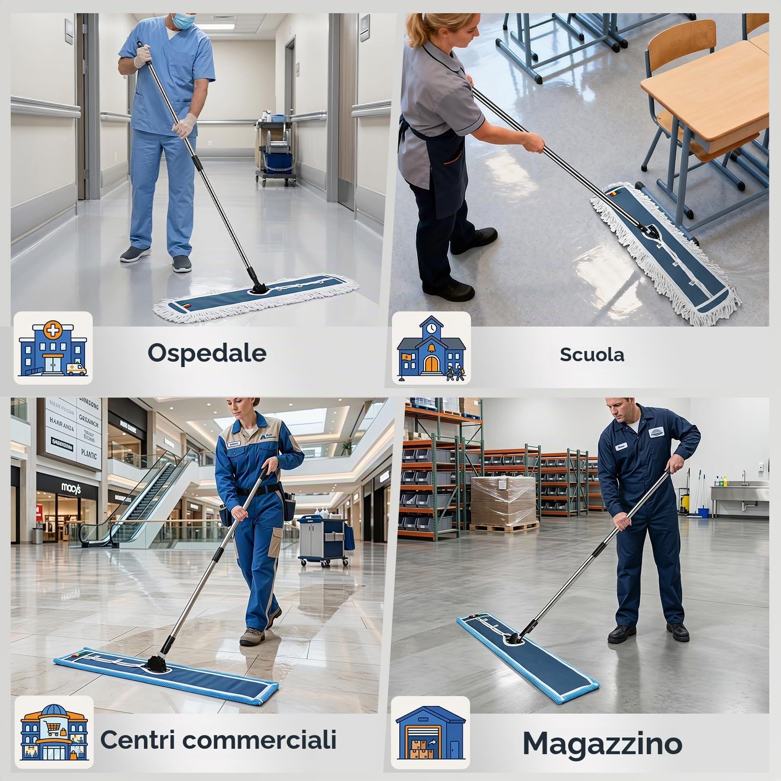 MASTERTOP Mocio industriale extra large con panno in microfibra e cotone, mocio piatto resistente per la pulizia di uffici, garage, centri commerciali, hotel, pavimenti di casa