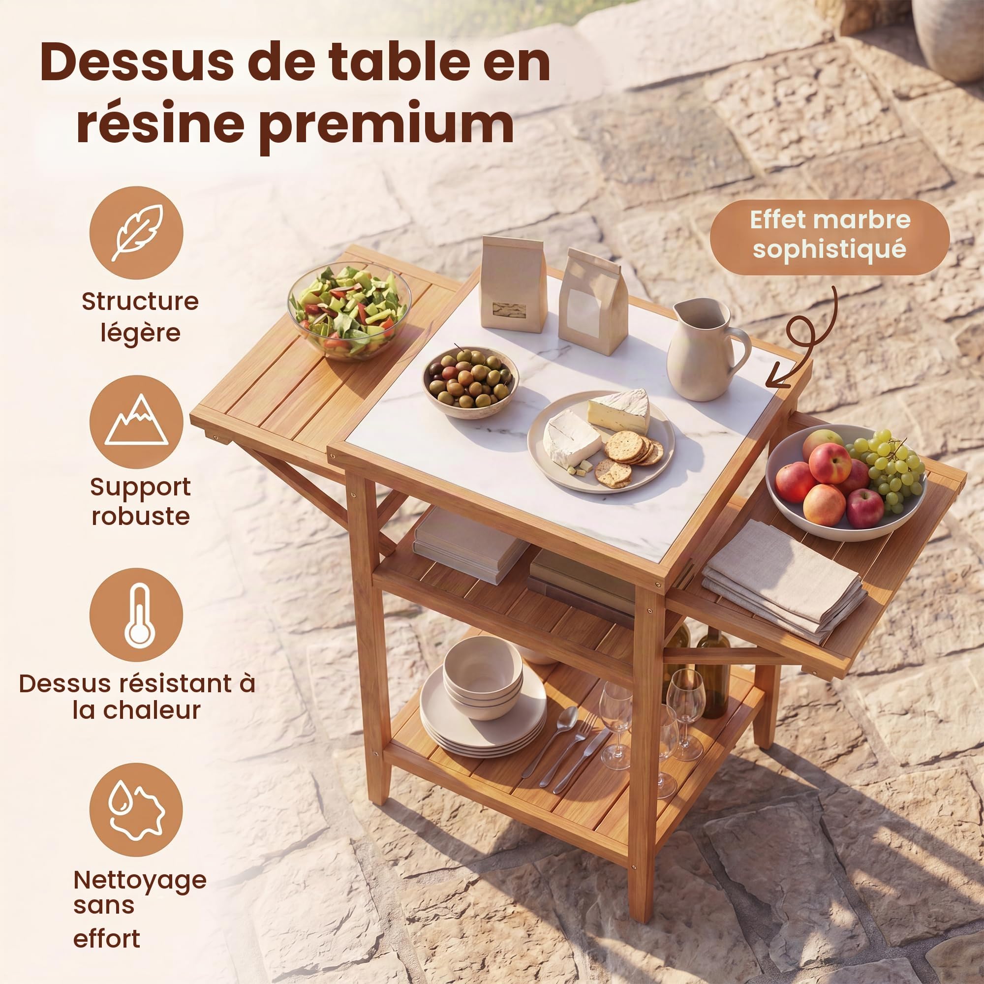 GOPLUS Table de Barbecue Extérieure en Bois d'Acacia, Desserte Plancha avec Dessus en Résine Faux Marbre, 2 Plateaux Rabattables, 2 Étagères Ouvertes, pour Jardin, Terrasse, 124,5 x 60 x 89,5 cm
