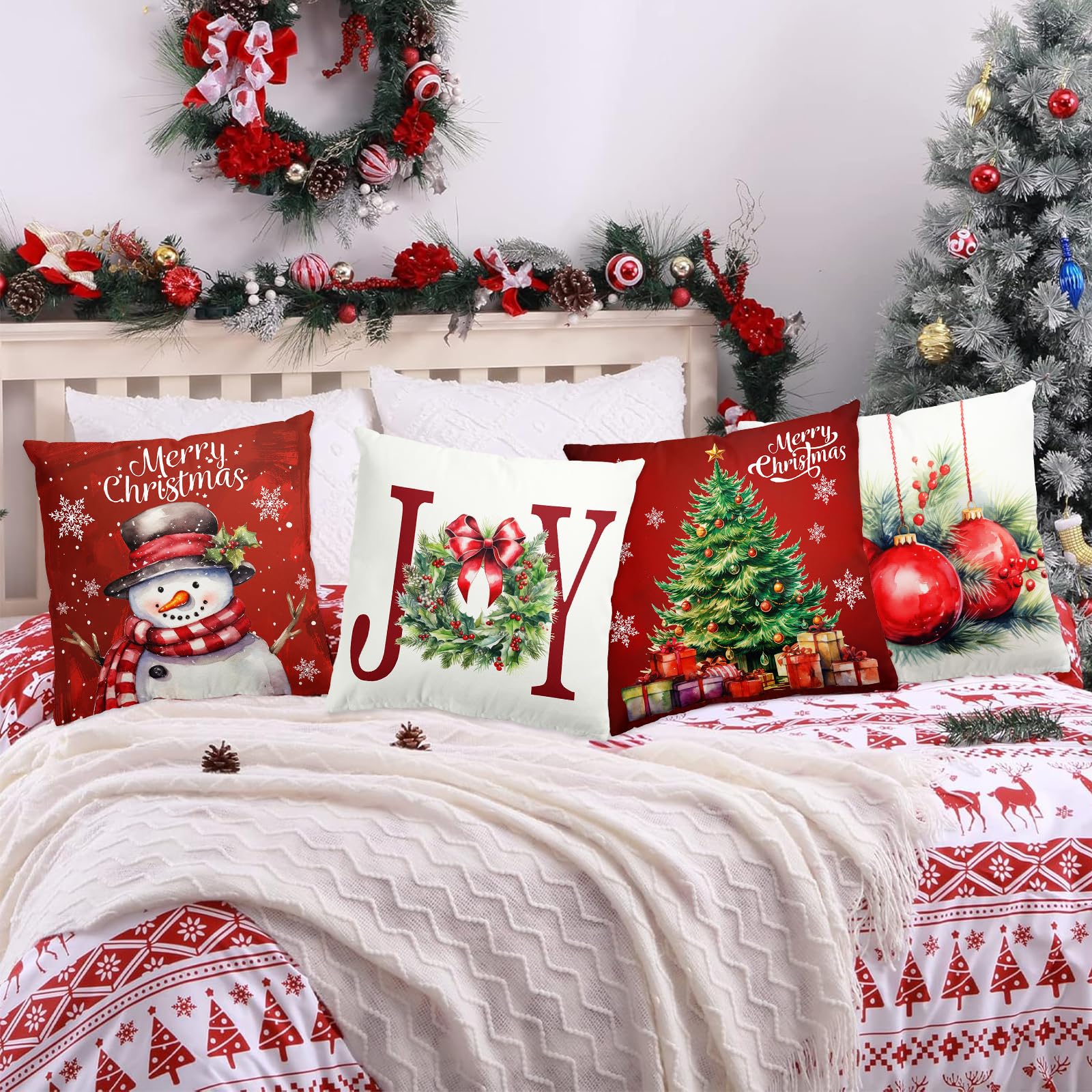 2023 Fodere per cuscini natalizi Decorazioni natalizie Fodere per cuscini Set di 4 federe per cuscini con divano decorativo natalizio  15