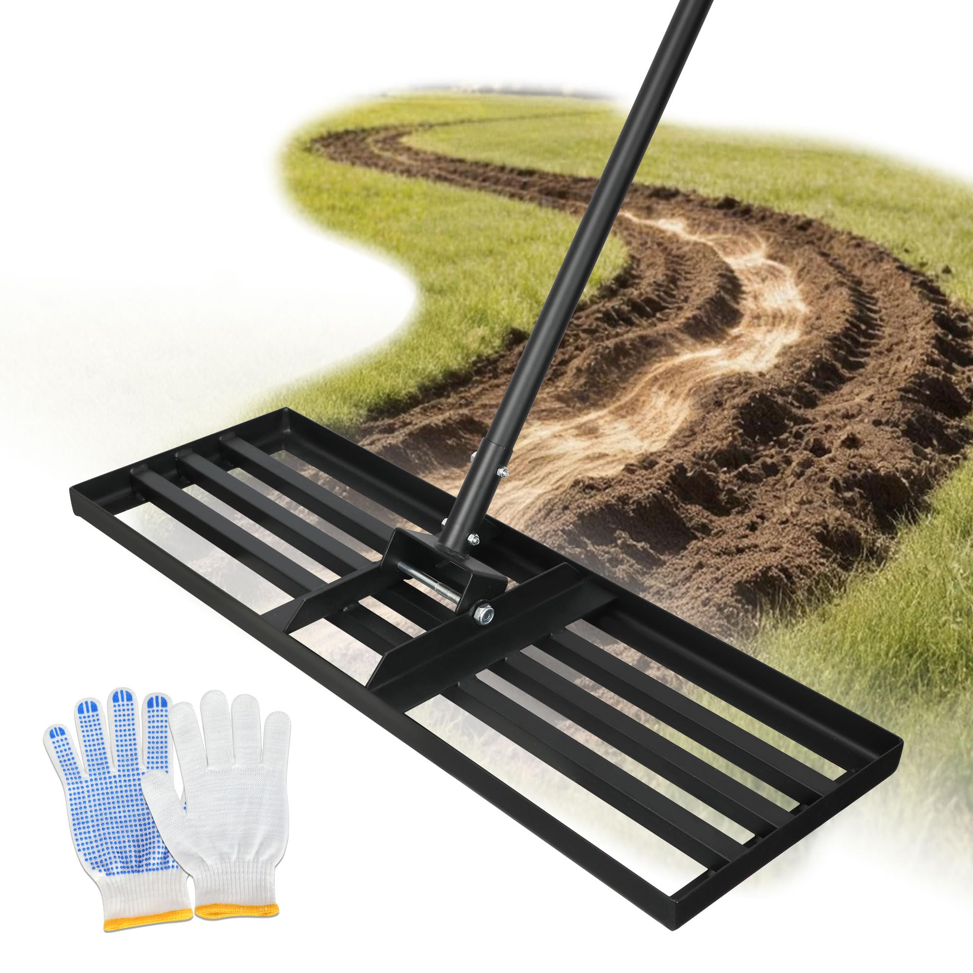 ORIENTOOLS Rastrillo nivelador de césped, 44 cm de ancho x 206 cm de alto, negro, 4,9 kg