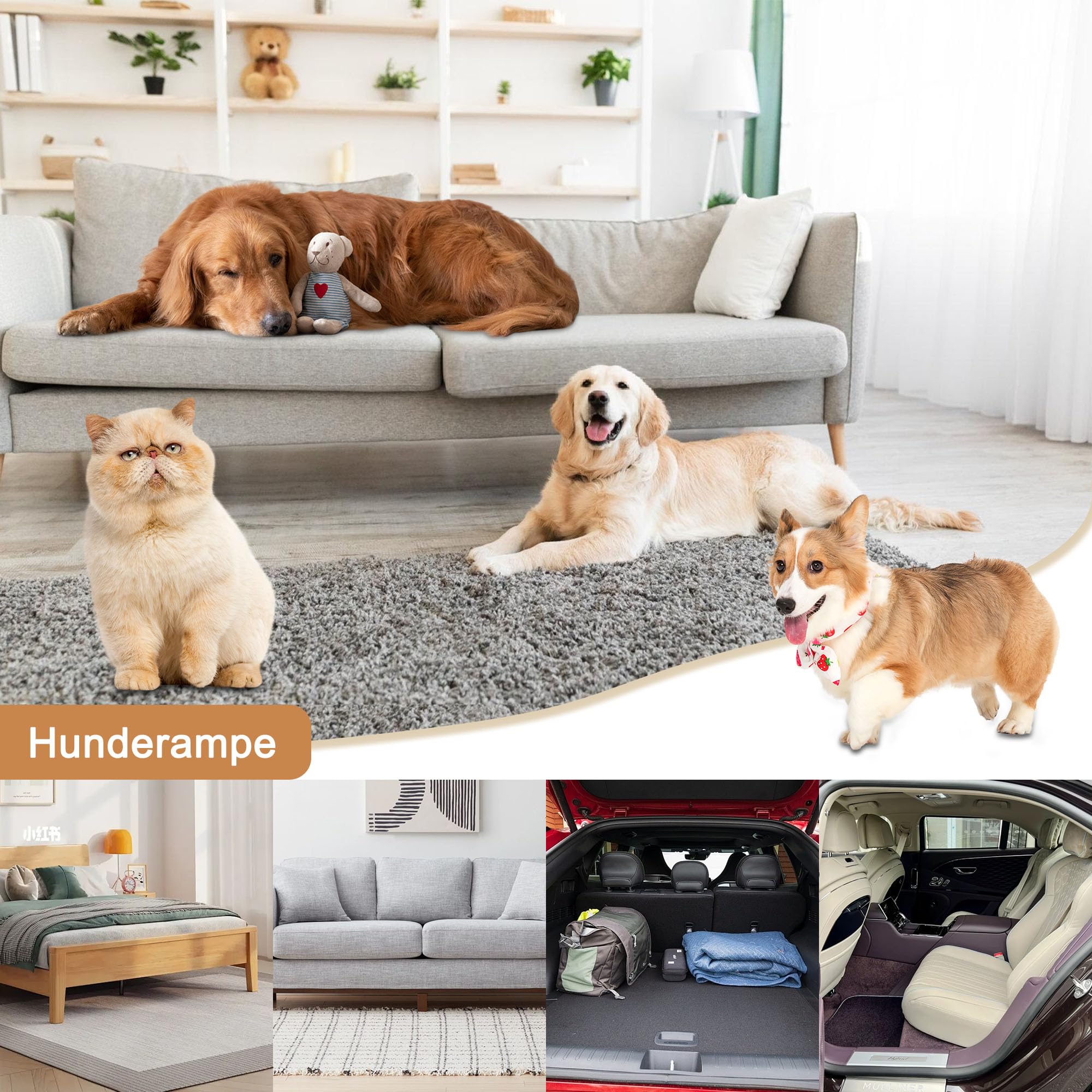 Rampa para perros de 80 cm, escalera con 3 barras, madera de pino y goma, 6 niveles de altura, capacidad de carga