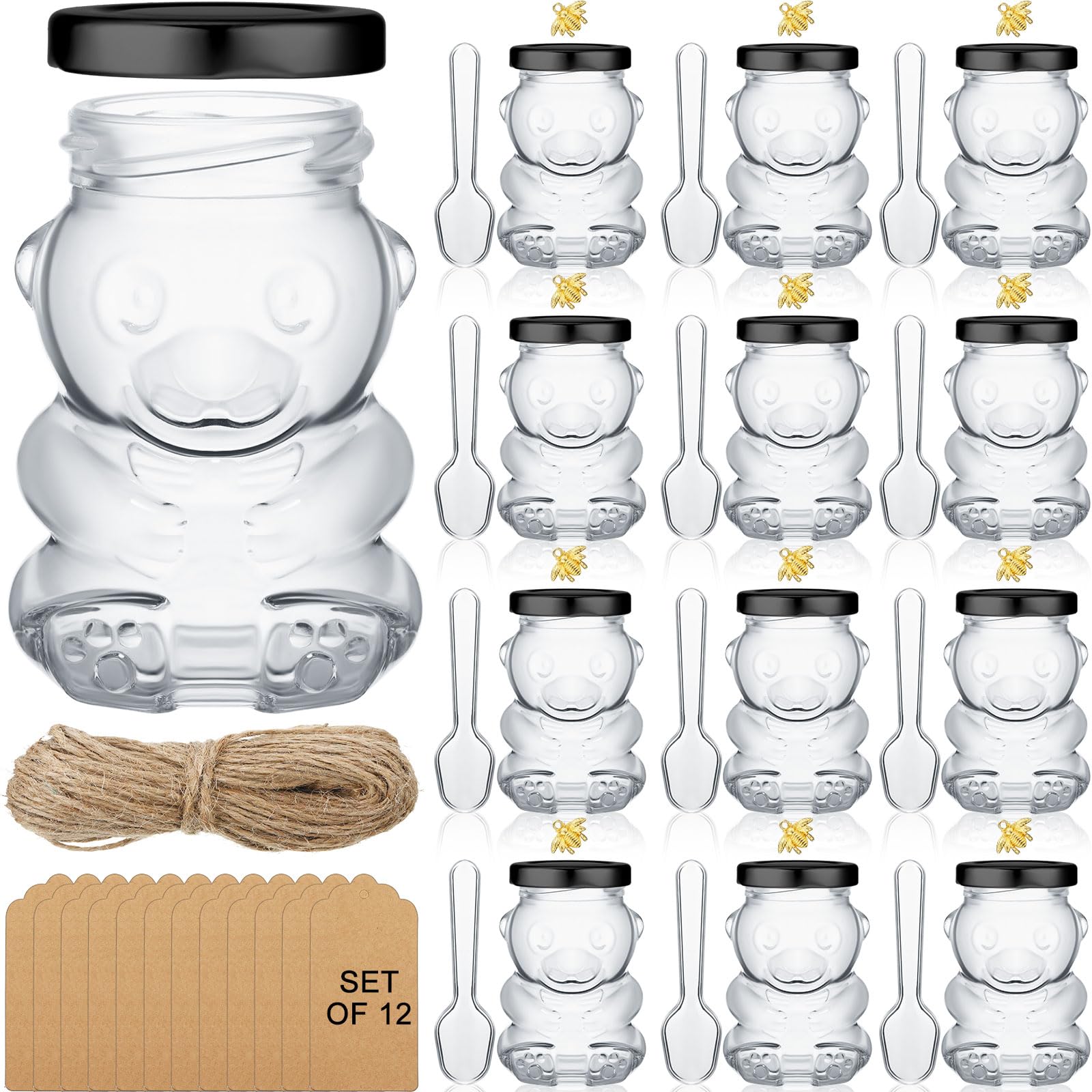 Honeydak 12 Pieces 4 oz Bear Shaped Glass Honey Jars Lids Extra Gold Bee Pendants Clear Plastic Spoon Kraft Paper Tags Twine for Baby Shower Wedding Party Favors(Black)