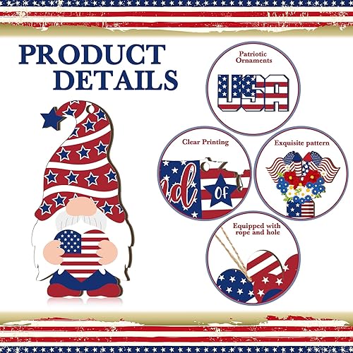 Miniatura 5 de 24 adornos para el 4 de julio para árbol patriótico de madera, adornos colgantes de madera para el Día de la Independencia, decoración colgante de