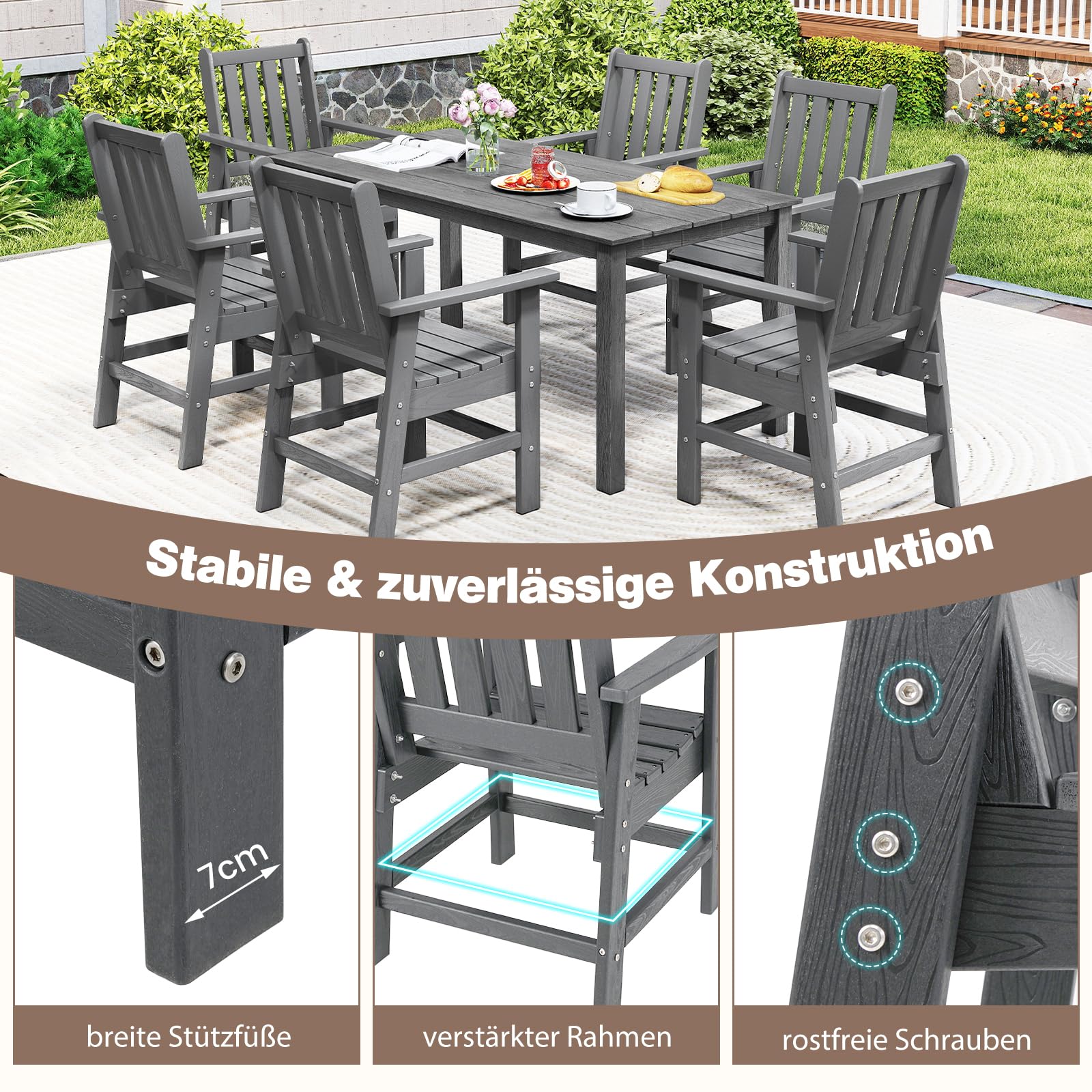 COSTWAY Krzesło ogrodowe z tworzywa sztucznego, odporne na warunki atmosferyczne, krzesło balkonowe z HDPE, fotel ogrodowy o wyglądzie drewna, obciążenie do 150 kg, do ogrodu, na taras, balkon (szare)