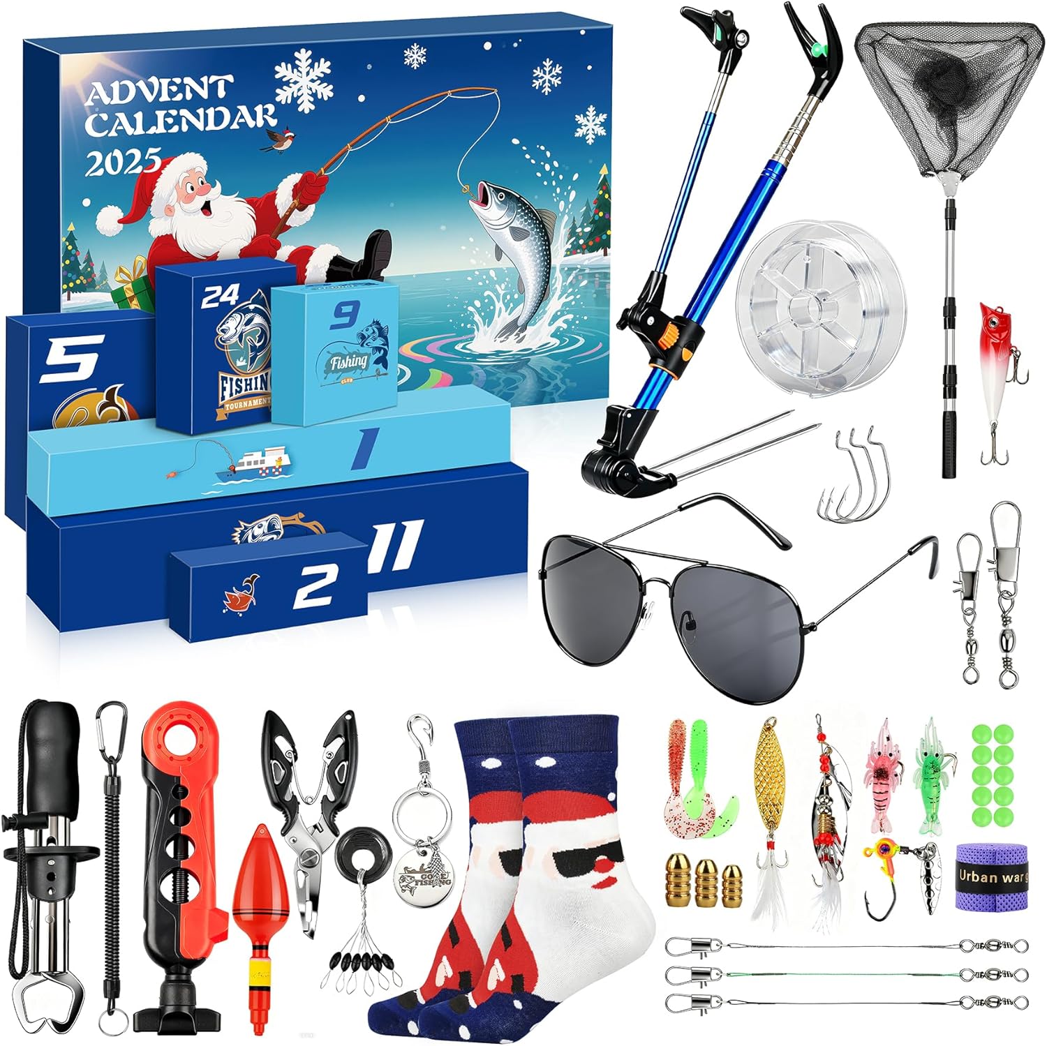 Fishing Advent Calendar 2025 for Men, 24 Days Christmas Countdown Fishing Lure Advent Calendars with Rod Holder, Landing Net, Fish Gripper, Hook, Bait - Christmas Gifts for Father, Husband, Boyfriend