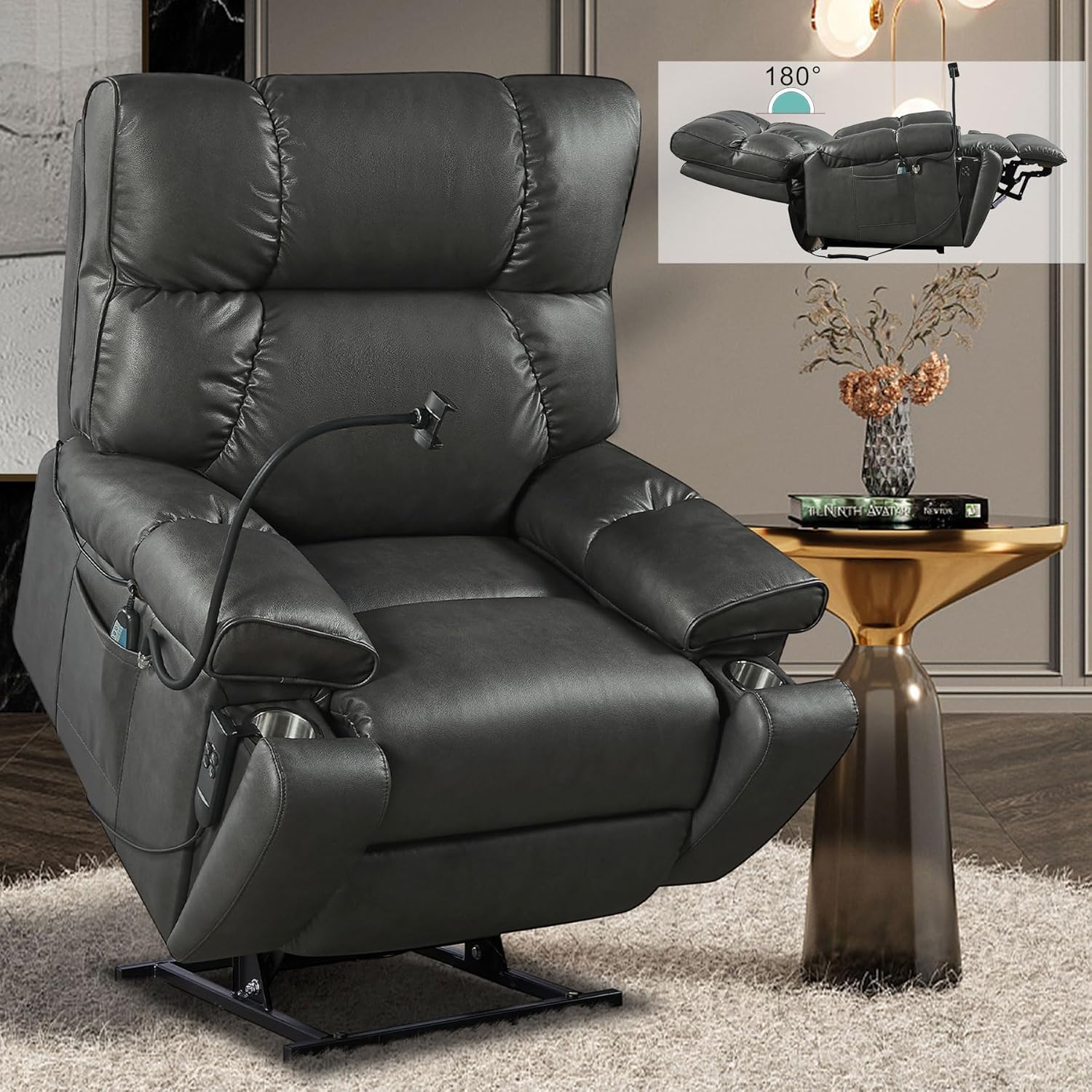Plococo Lay Flat Power Lift Recliner Chair with Hidden Cup Holder and Adjustable Phone Holder for Elderly, Infinite Position Breathable Leather Electric Sleeping Chair with Massage,Heating