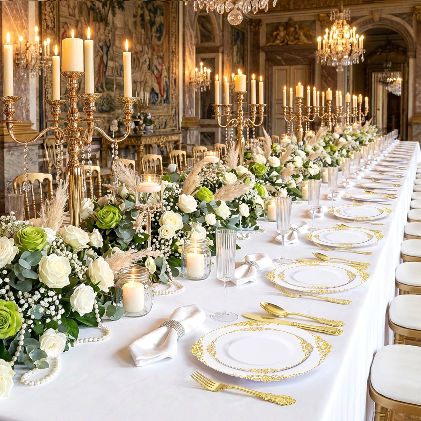Wedding Plates & Silverware Set - 125PCS Gold & White -8