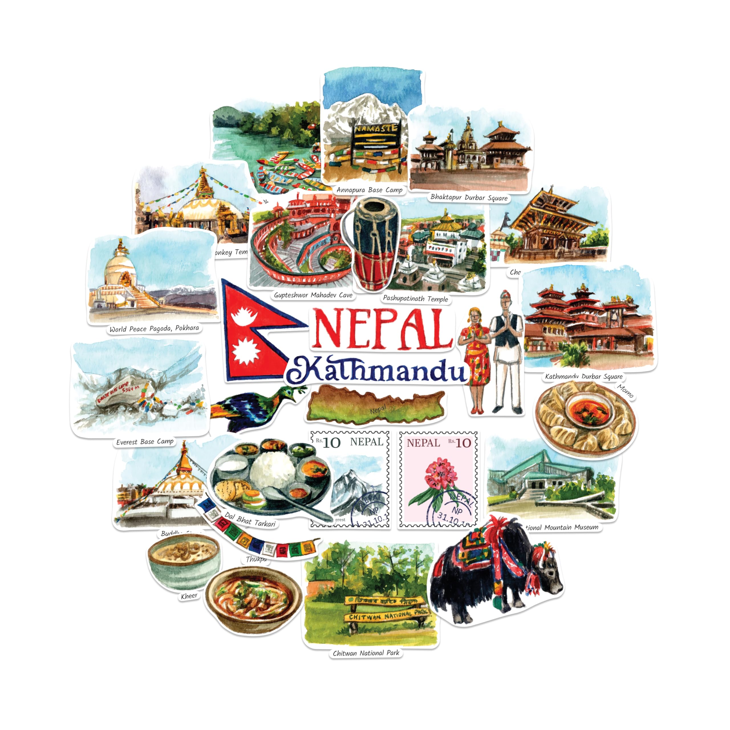 Navy Peony Multicolored Spiritual Nepal Stickers (28Pcs)-Watercolor, Kathmandu, Everest, Himalaya, Nepali-Themed Vacation Decal For Scrapbooks, Journals, Luggage