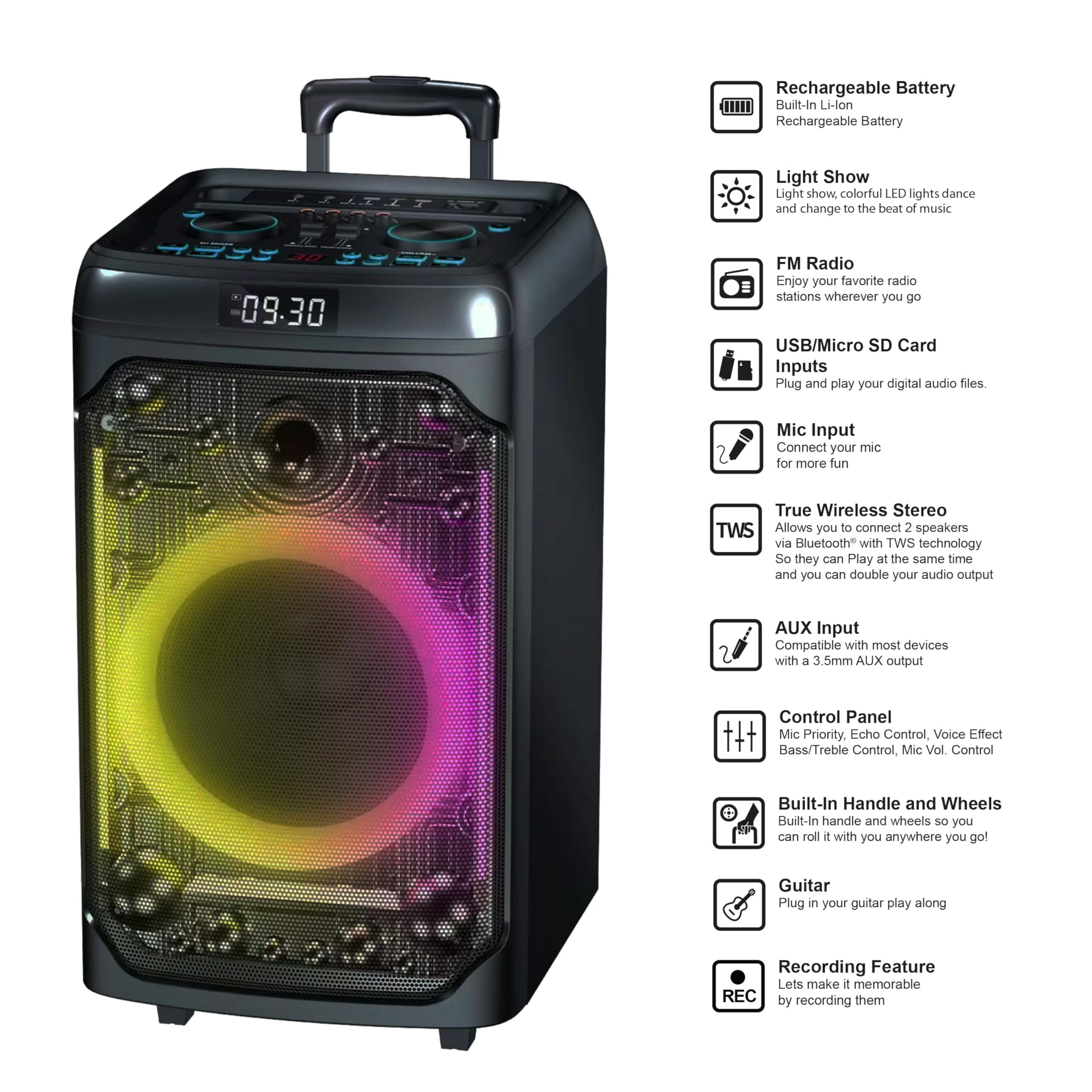 IQ Sound IQ-7612DJBT 12-inch Rechargeable Bluetooth Party Speaker with TWS, Powerful 100W Sound, LED Light Show, FM Radio, Mic & Guitar Input, USB/AUX, Bass & Treble Control & Easy Trolley Handle
