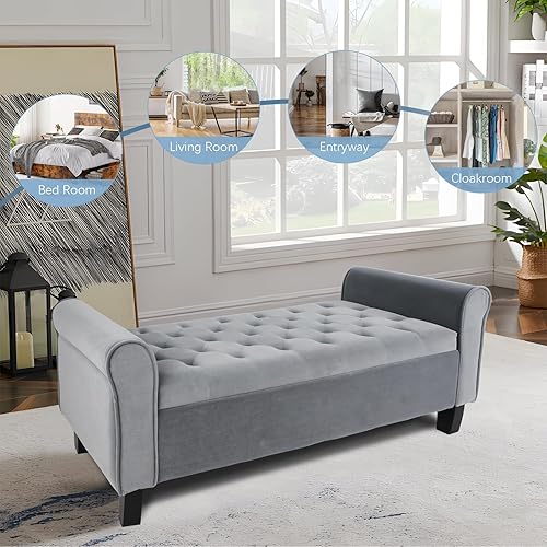 Miniatura 8 de ECOMEX Banco de almacenamiento de terciopelo para dormitorio, banco de extremo de cama con diseño de ventana de brazo enrollado, banco grande gris