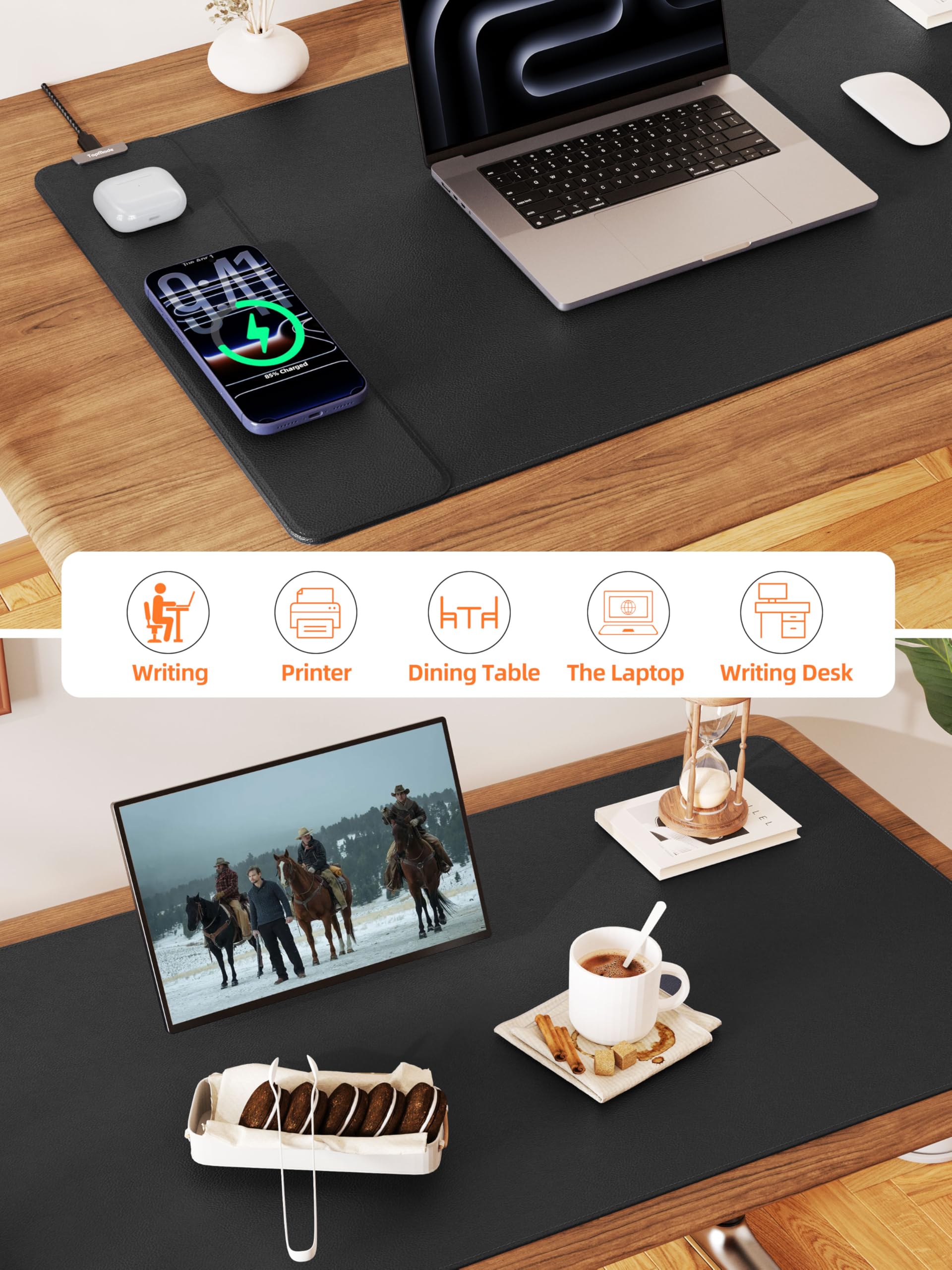 TopMade Alfombrilla de mouse con carga inalámbrica de 15 W, alfombrilla de escritorio de cuero grande XXL, impermeable, para juegos, hogar, oficina, escritorio, protector de teclado de computadora